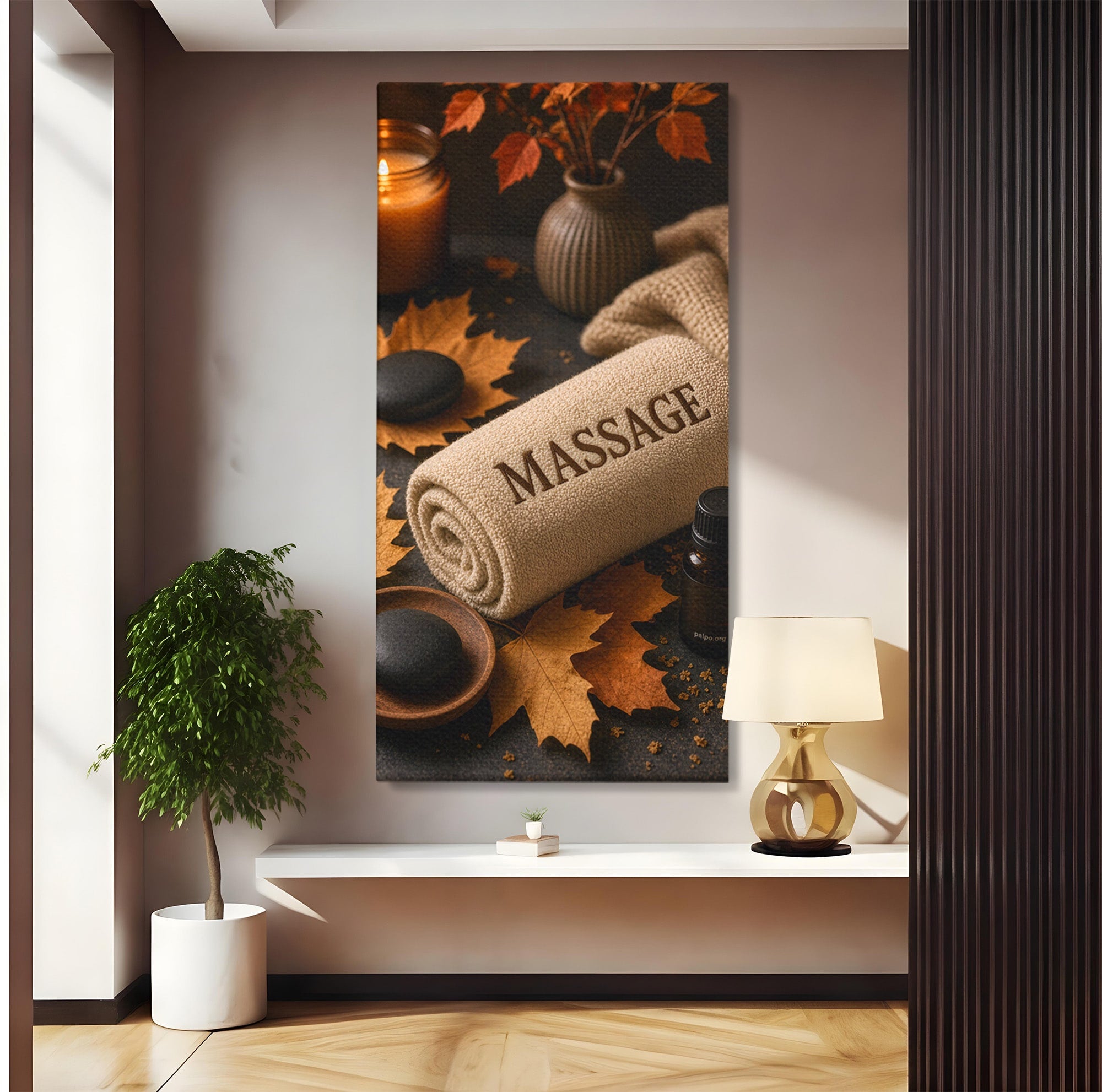 Tablou Canvas Premium LuxCanva® PI1313, Relaxare Zen, Masaj, Terapie, Spa, Toamna, Culori Vibrante, Salon