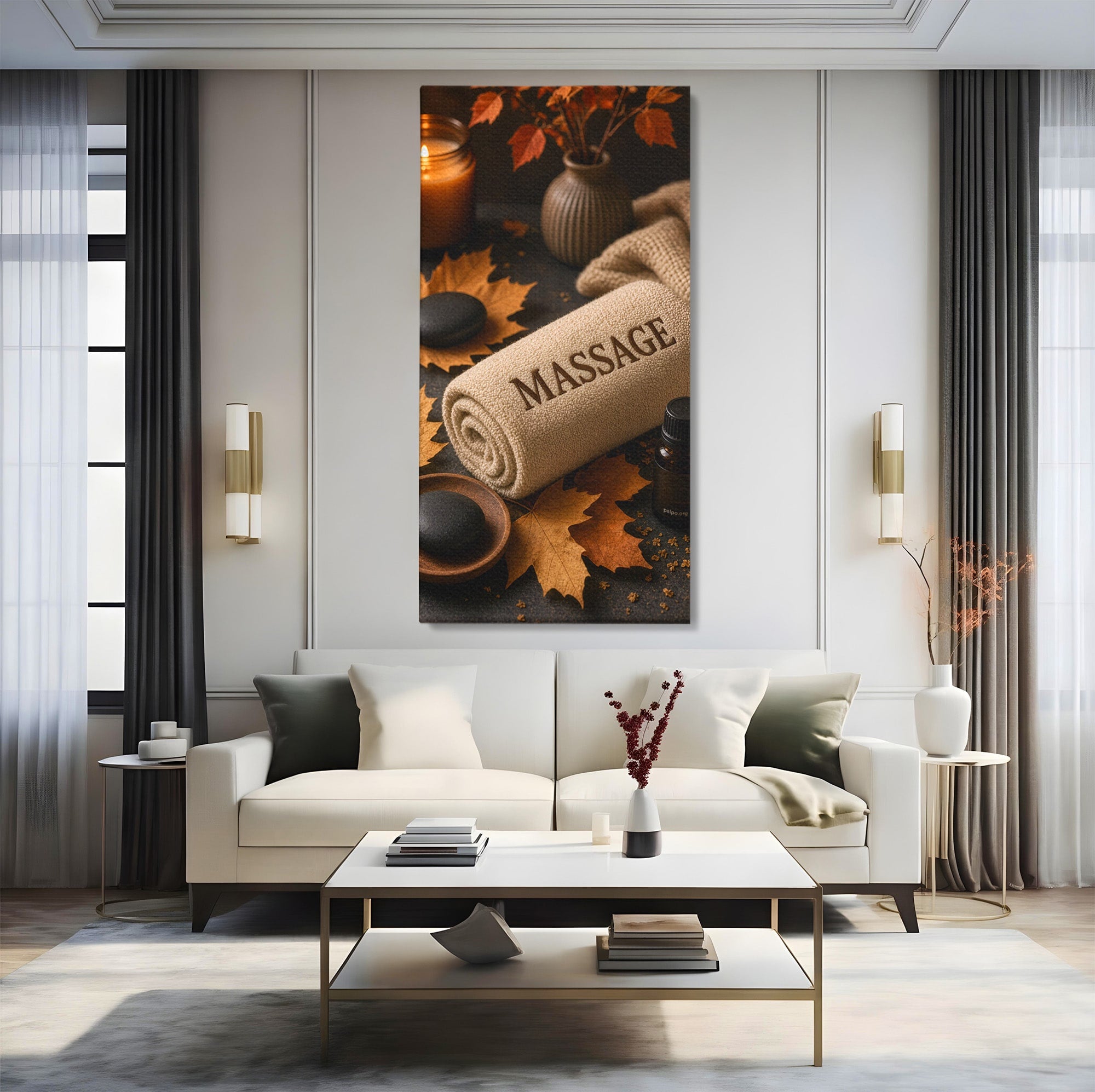 Tablou Canvas Premium LuxCanva® PI1313, Relaxare Zen, Masaj, Terapie, Spa, Toamna, Culori Vibrante, Salon