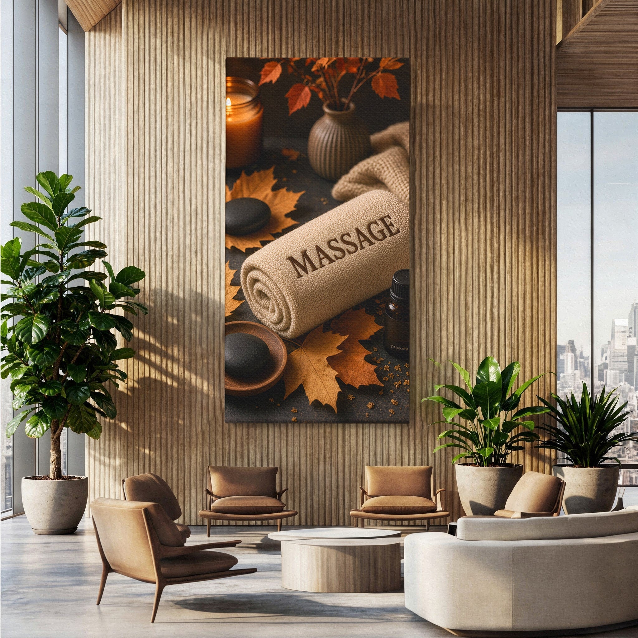 Tablou Canvas Premium LuxCanva® PI1313, Relaxare Zen, Masaj, Terapie, Spa, Toamna, Culori Vibrante, Salon