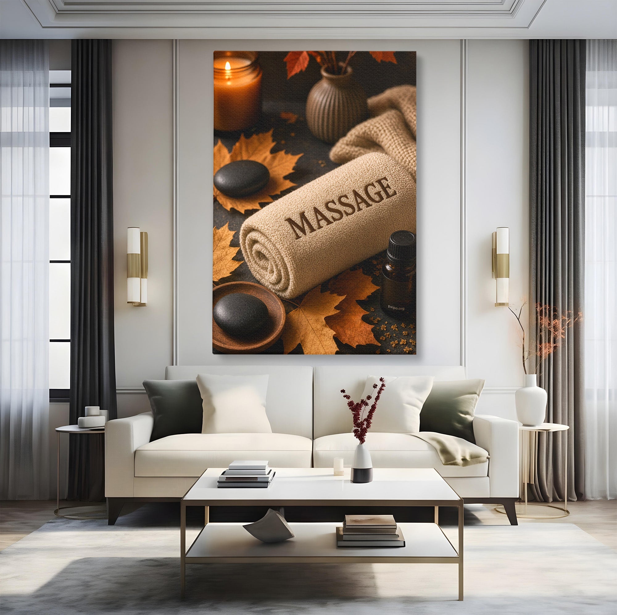 Tablou Canvas Premium LuxCanva® PI1313, Relaxare Zen, Masaj, Terapie, Spa, Toamna, Culori Vibrante, Salon