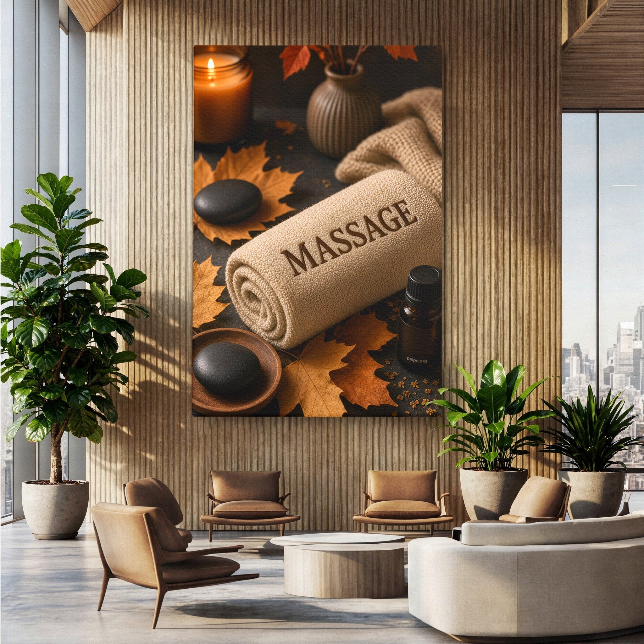 Tablou Canvas Premium LuxCanva® PI1313, Relaxare Zen, Masaj, Terapie, Spa, Toamna, Culori Vibrante, Salon