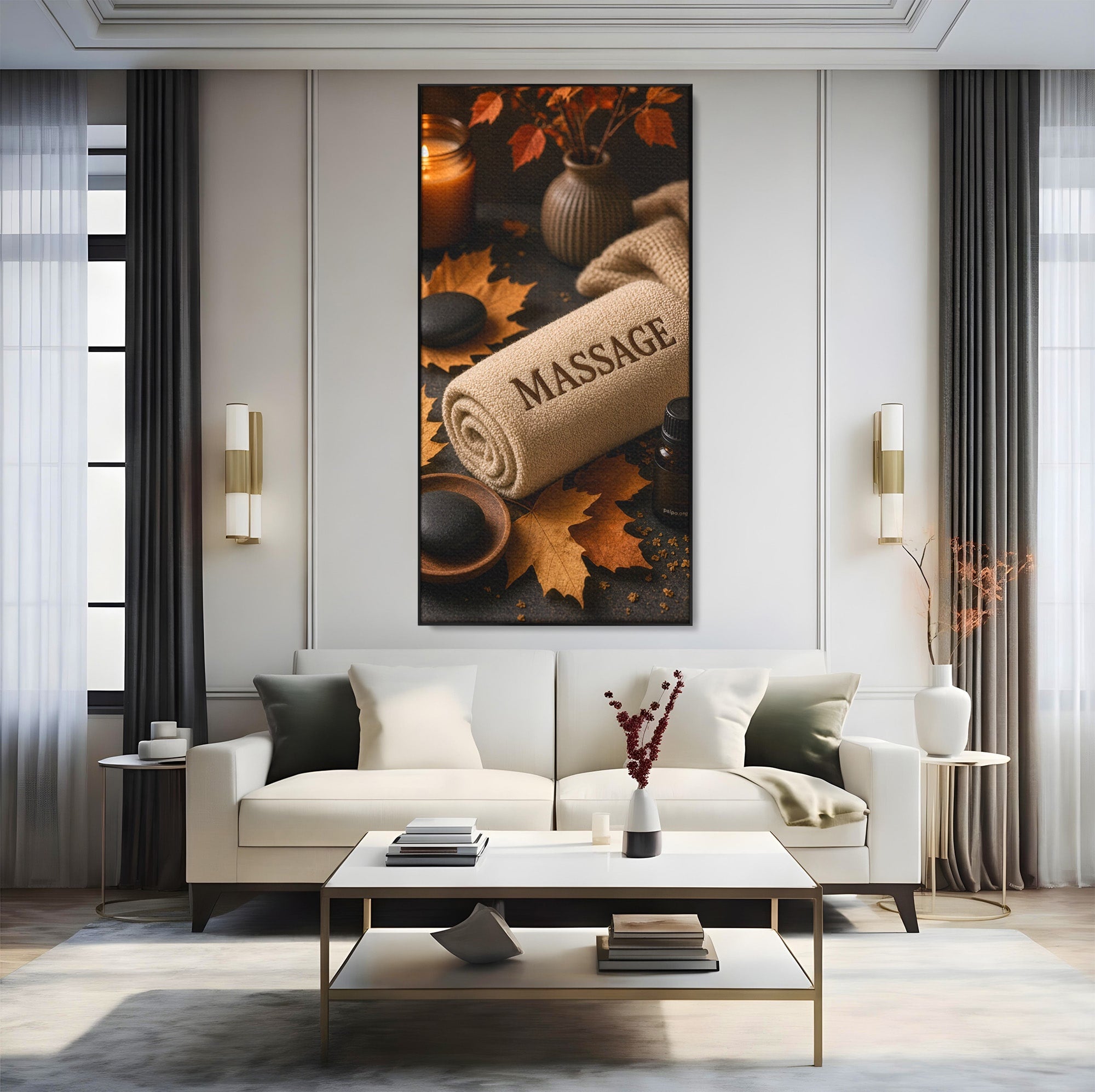 Tablou Canvas Premium LuxCanva® PI1313, Relaxare Zen, Masaj, Terapie, Spa, Toamna, Culori Vibrante, Salon