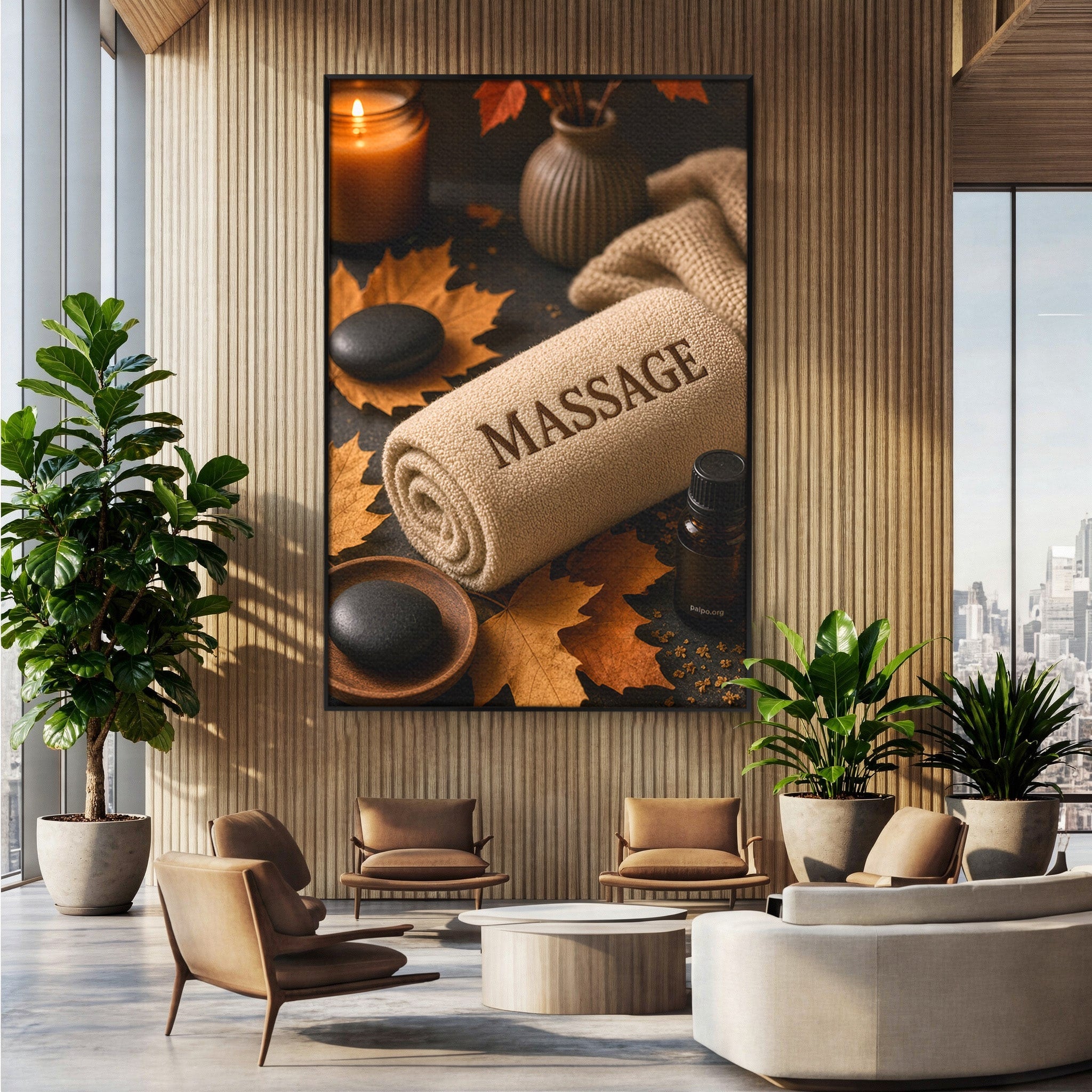 Tablou Canvas Premium LuxCanva® PI1313, Relaxare Zen, Masaj, Terapie, Spa, Toamna, Culori Vibrante, Salon