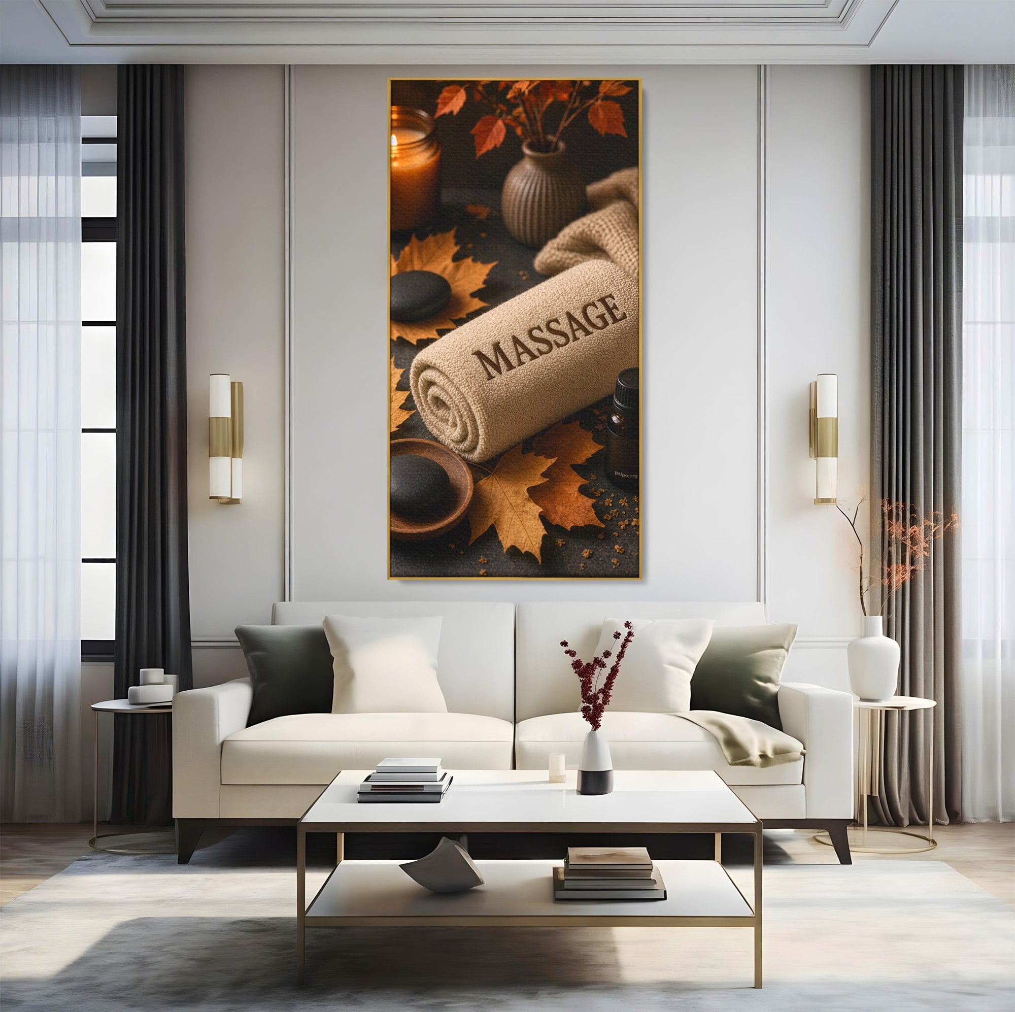 Tablou Canvas Premium LuxCanva® PI1313, Relaxare Zen, Masaj, Terapie, Spa, Toamna, Culori Vibrante, Salon