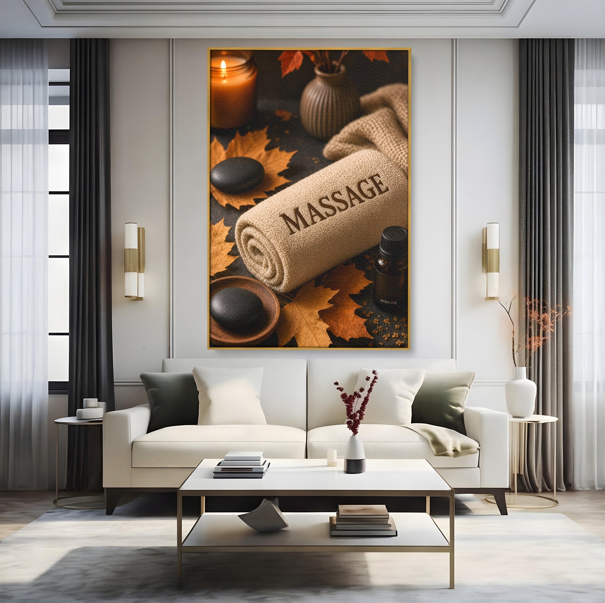 Tablou Canvas Premium LuxCanva® PI1313, Relaxare Zen, Masaj, Terapie, Spa, Toamna, Culori Vibrante, Salon
