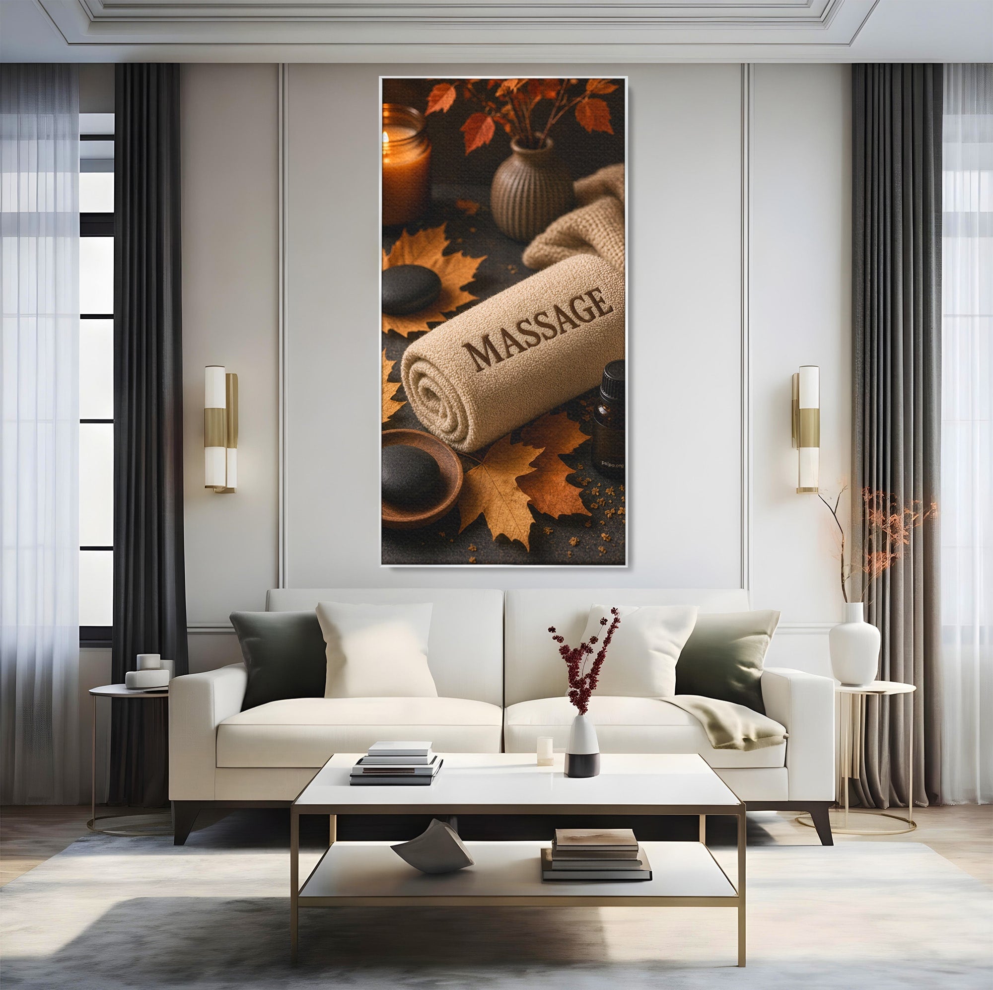 Tablou Canvas Premium LuxCanva® PI1313, Relaxare Zen, Masaj, Terapie, Spa, Toamna, Culori Vibrante, Salon