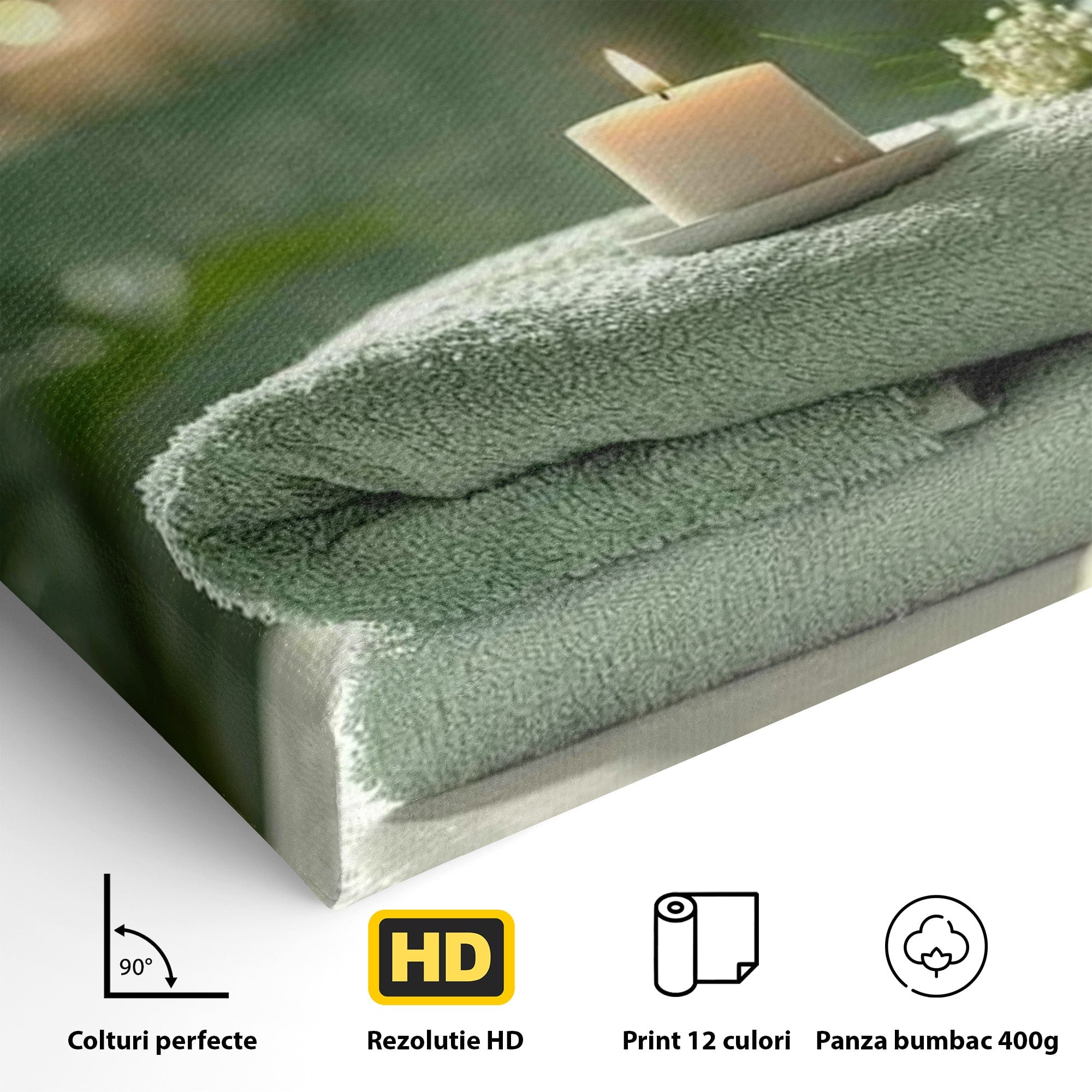 Tablou Canvas Premium LuxCanva® PI1314, Zen Si Flori Albe, Spa, Plante, Lumanare, Relaxare, Baie, Culori Vibrante, Salon