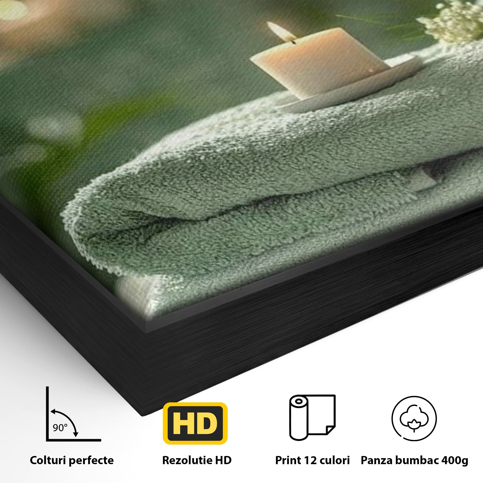 Tablou Canvas Premium LuxCanva® PI1314, Zen Si Flori Albe, Spa, Plante, Lumanare, Relaxare, Baie, Culori Vibrante, Salon
