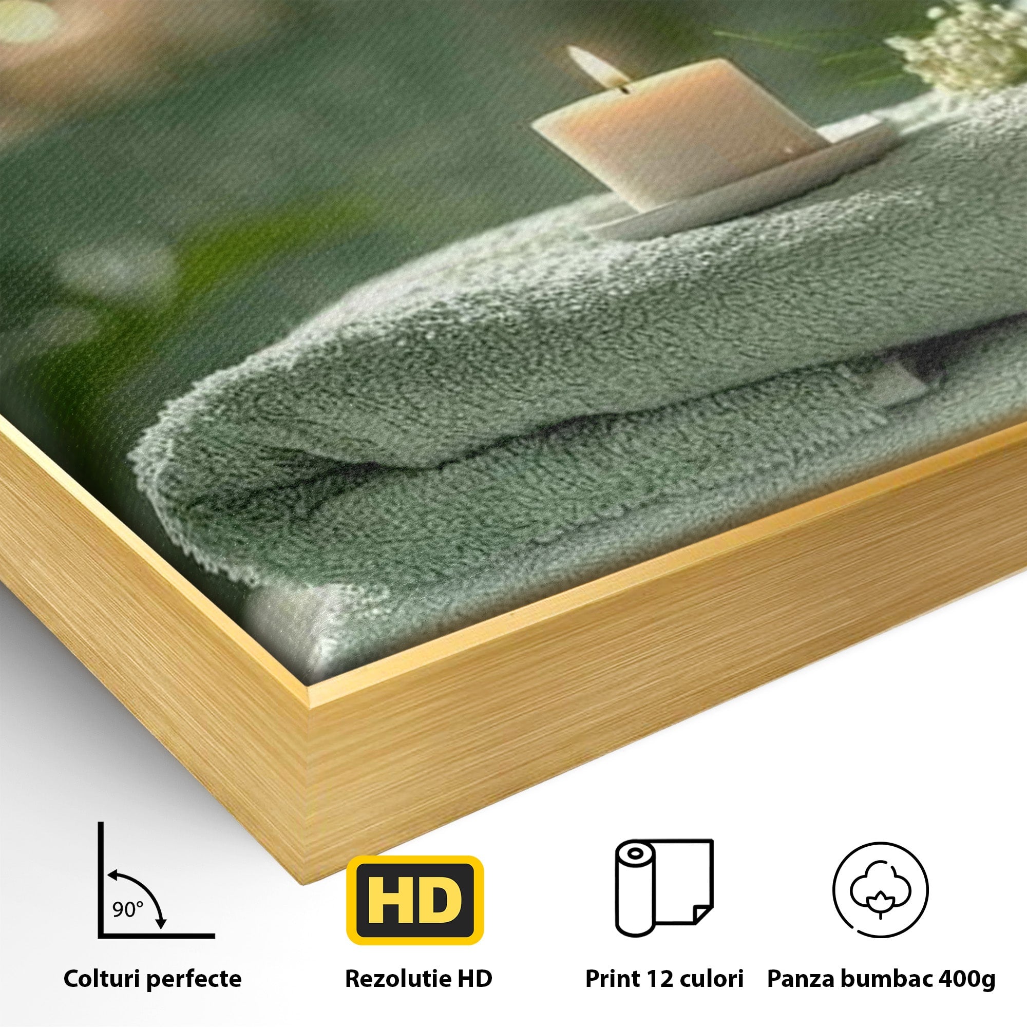 Tablou Canvas Premium LuxCanva® PI1314, Zen Si Flori Albe, Spa, Plante, Lumanare, Relaxare, Baie, Culori Vibrante, Salon