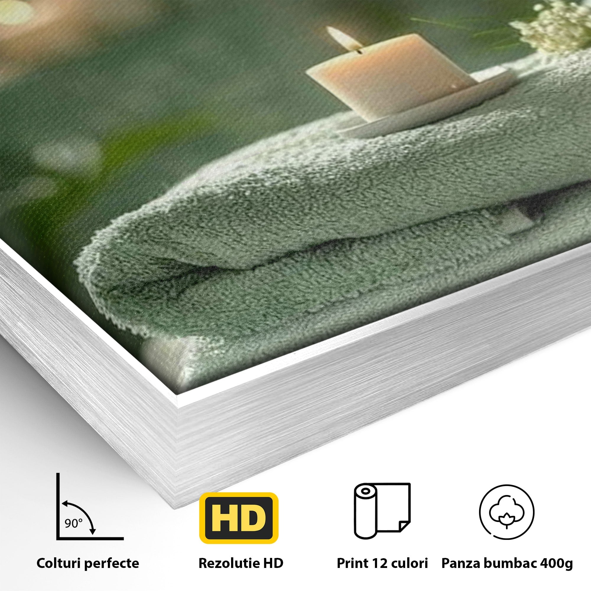 Tablou Canvas Premium LuxCanva® PI1314, Zen Si Flori Albe, Spa, Plante, Lumanare, Relaxare, Baie, Culori Vibrante, Salon