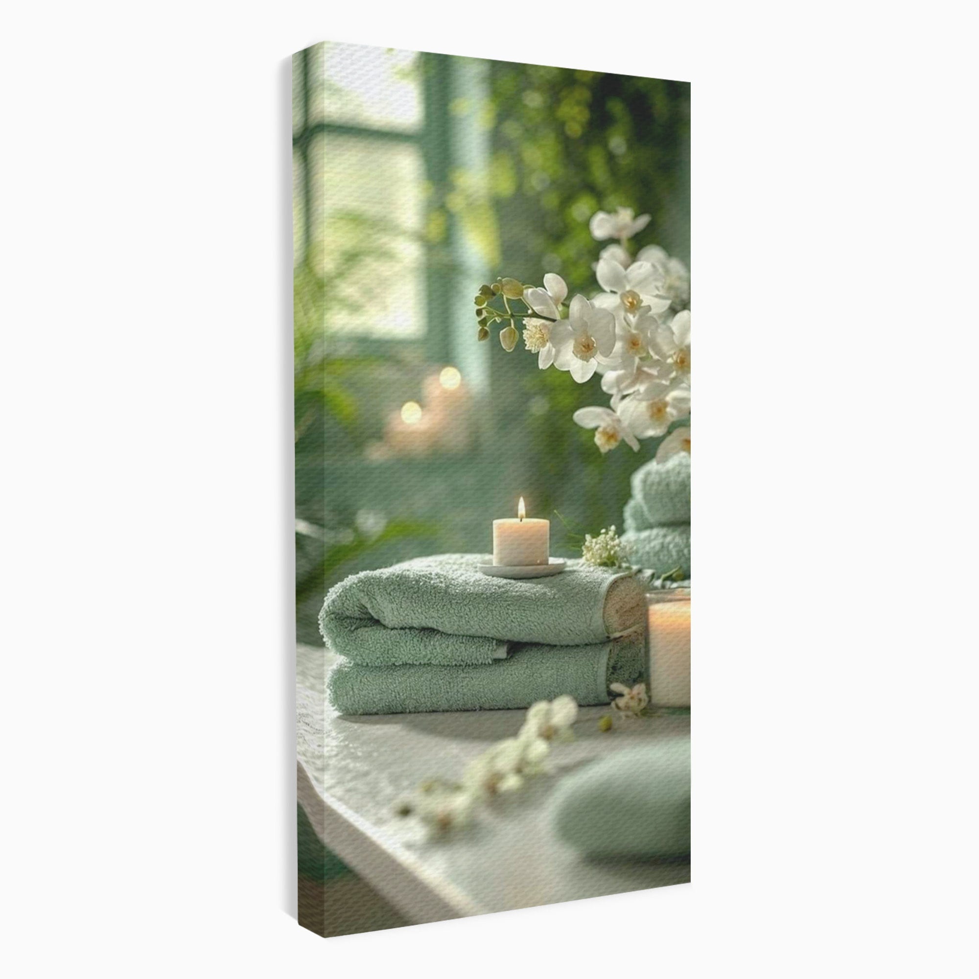 Tablou Canvas Premium LuxCanva® PI1314, Zen Si Flori Albe, Spa, Plante, Lumanare, Relaxare, Baie, Culori Vibrante, Salon