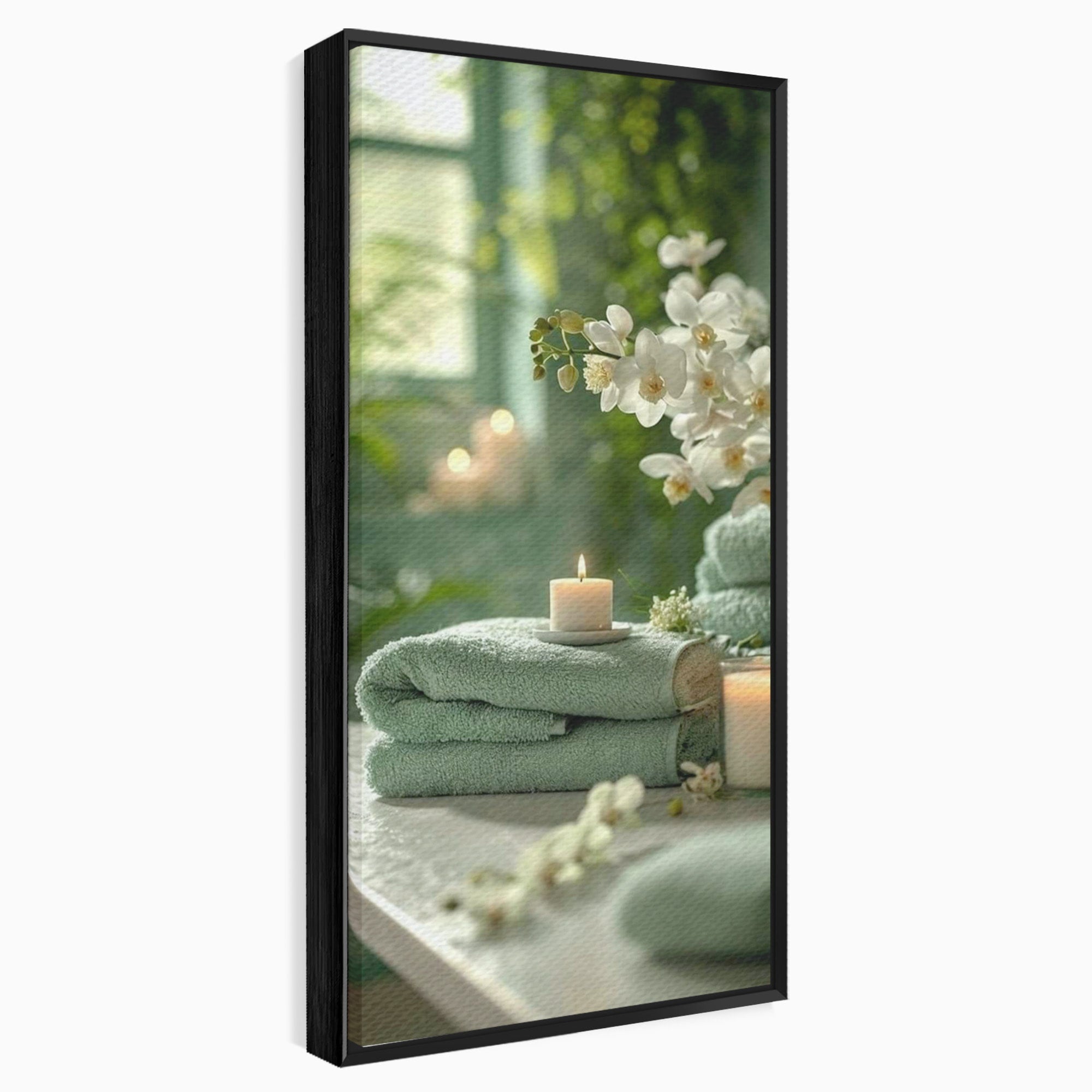 Tablou Canvas Premium LuxCanva® PI1314, Zen Si Flori Albe, Spa, Plante, Lumanare, Relaxare, Baie, Culori Vibrante, Salon