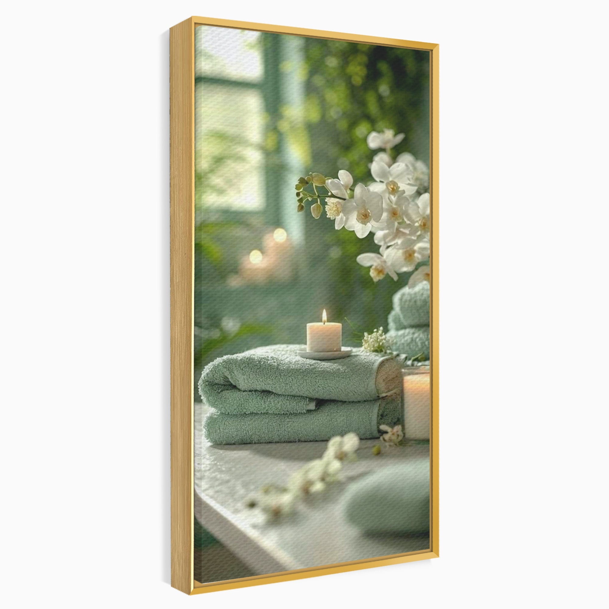Tablou Canvas Premium LuxCanva® PI1314, Zen Si Flori Albe, Spa, Plante, Lumanare, Relaxare, Baie, Culori Vibrante, Salon