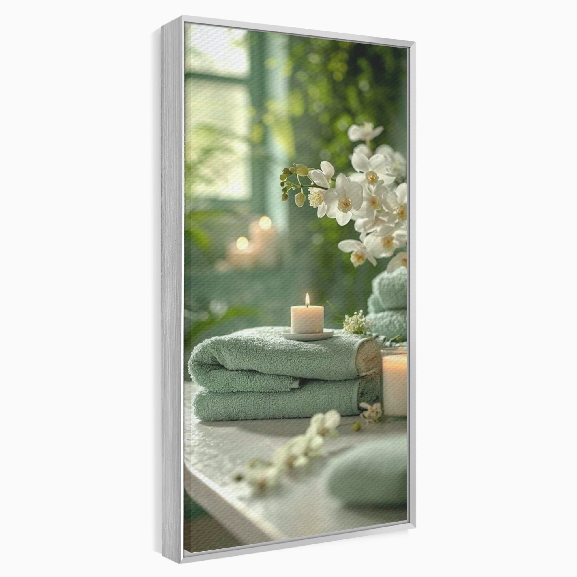 Tablou Canvas Premium LuxCanva® PI1314, Zen Si Flori Albe, Spa, Plante, Lumanare, Relaxare, Baie, Culori Vibrante, Salon