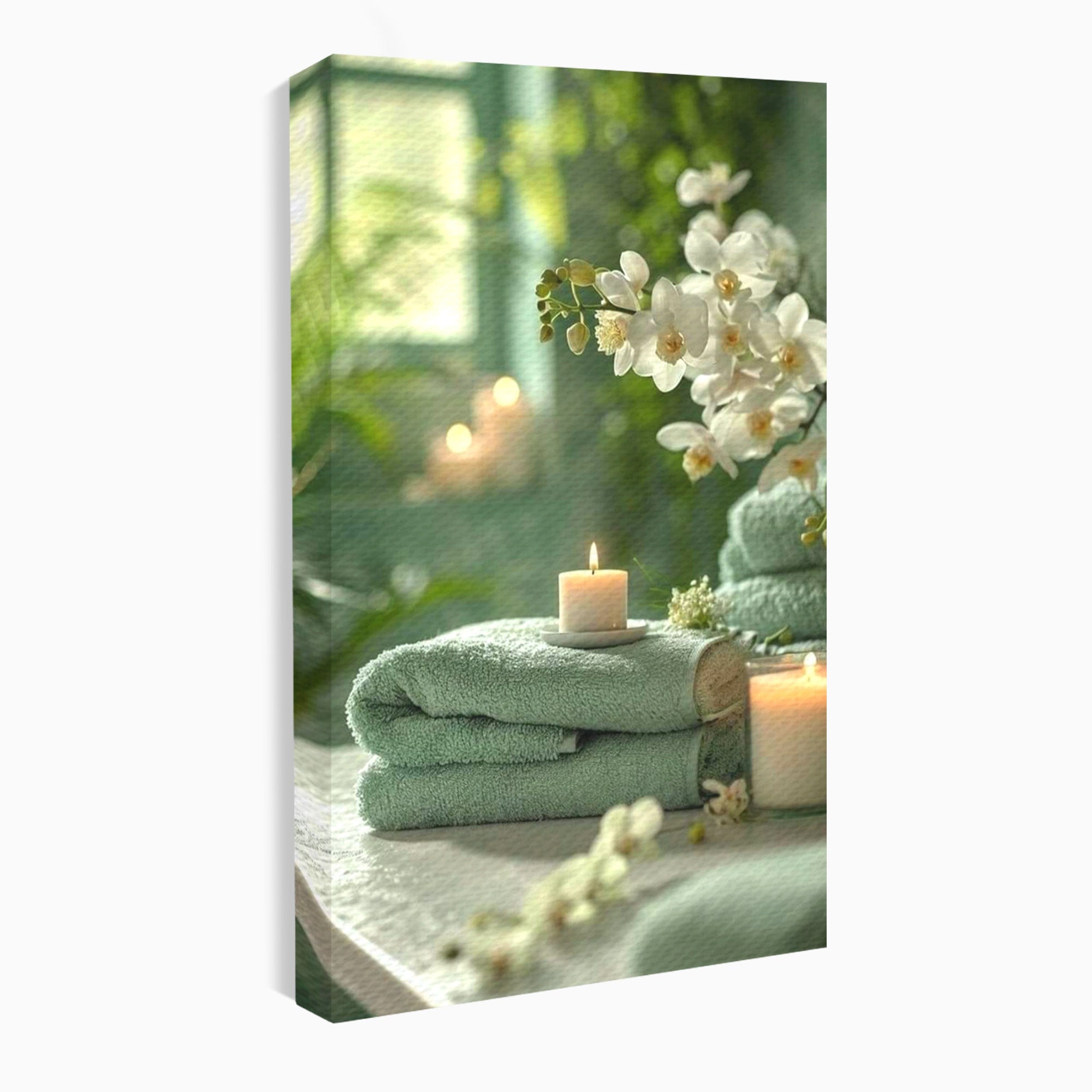 Tablou Canvas Premium LuxCanva® PI1314, Zen Si Flori Albe, Spa, Plante, Lumanare, Relaxare, Baie, Culori Vibrante, Salon