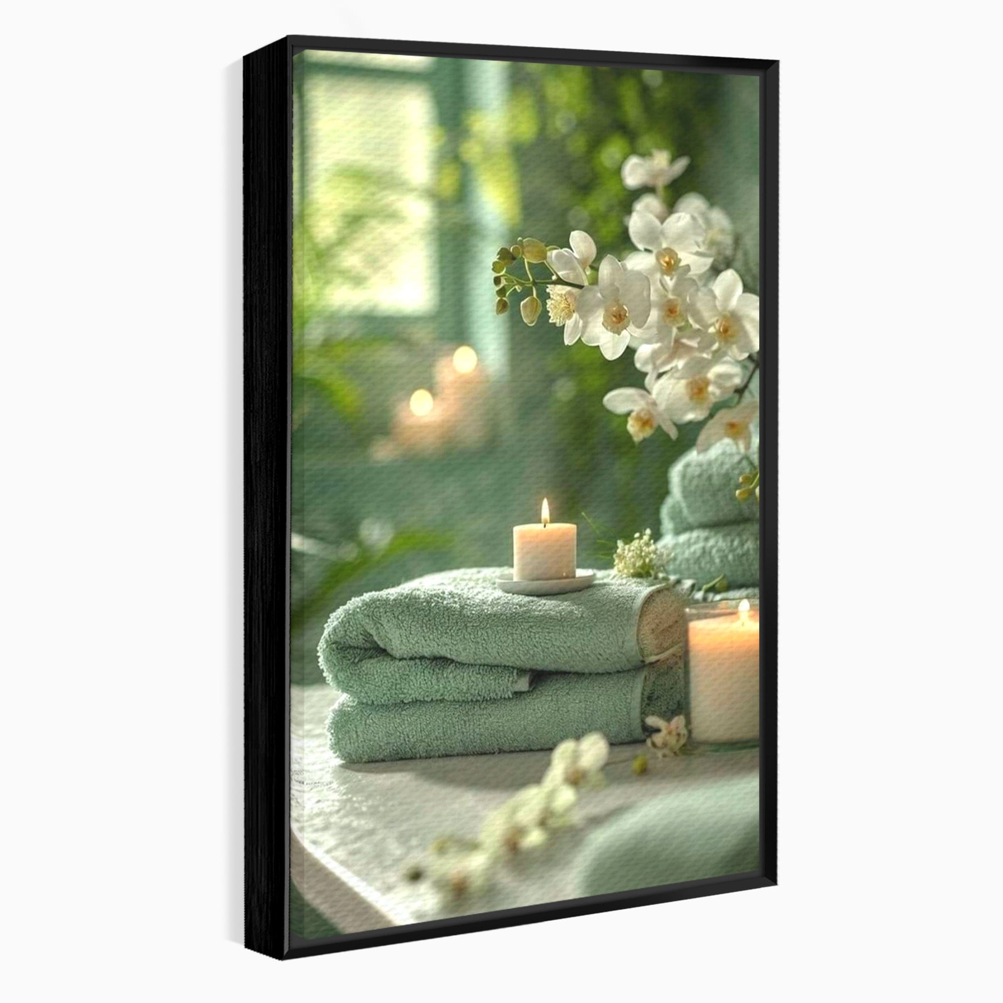 Tablou Canvas Premium LuxCanva® PI1314, Zen Si Flori Albe, Spa, Plante, Lumanare, Relaxare, Baie, Culori Vibrante, Salon