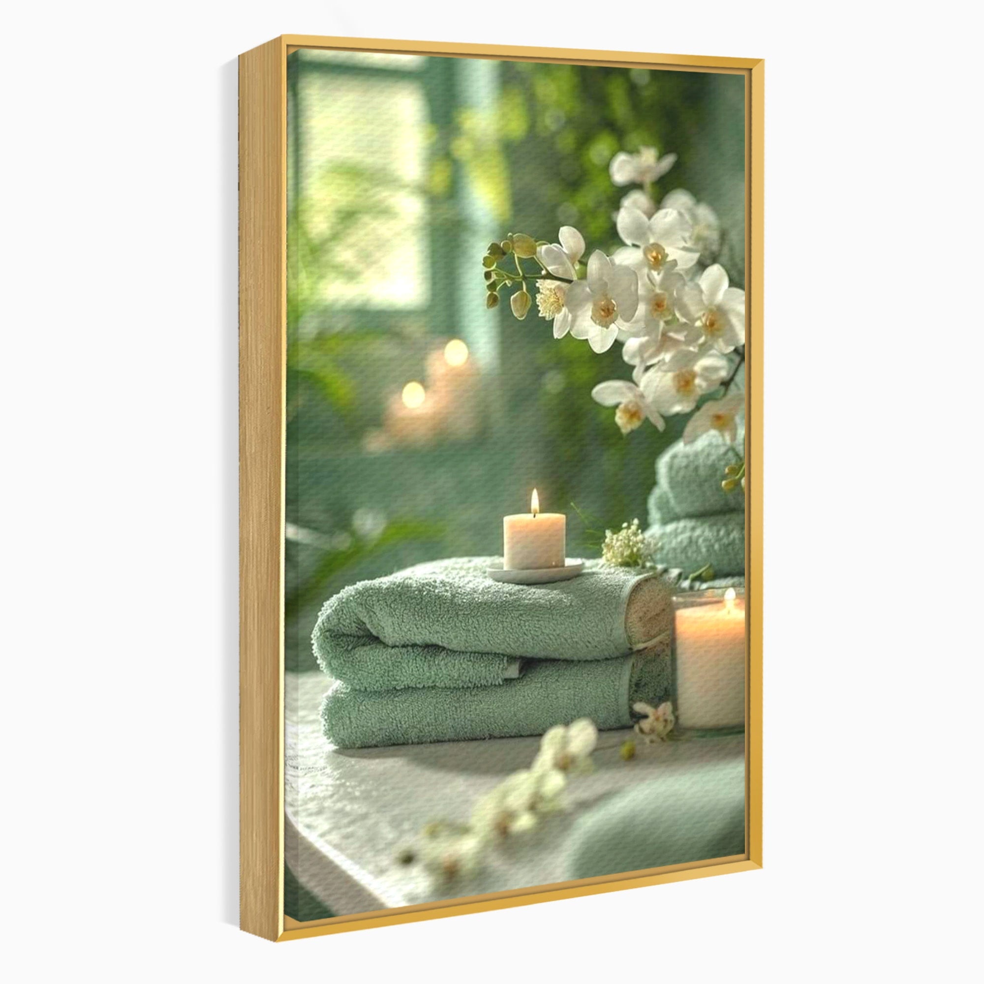 Tablou Canvas Premium LuxCanva® PI1314, Zen Si Flori Albe, Spa, Plante, Lumanare, Relaxare, Baie, Culori Vibrante, Salon