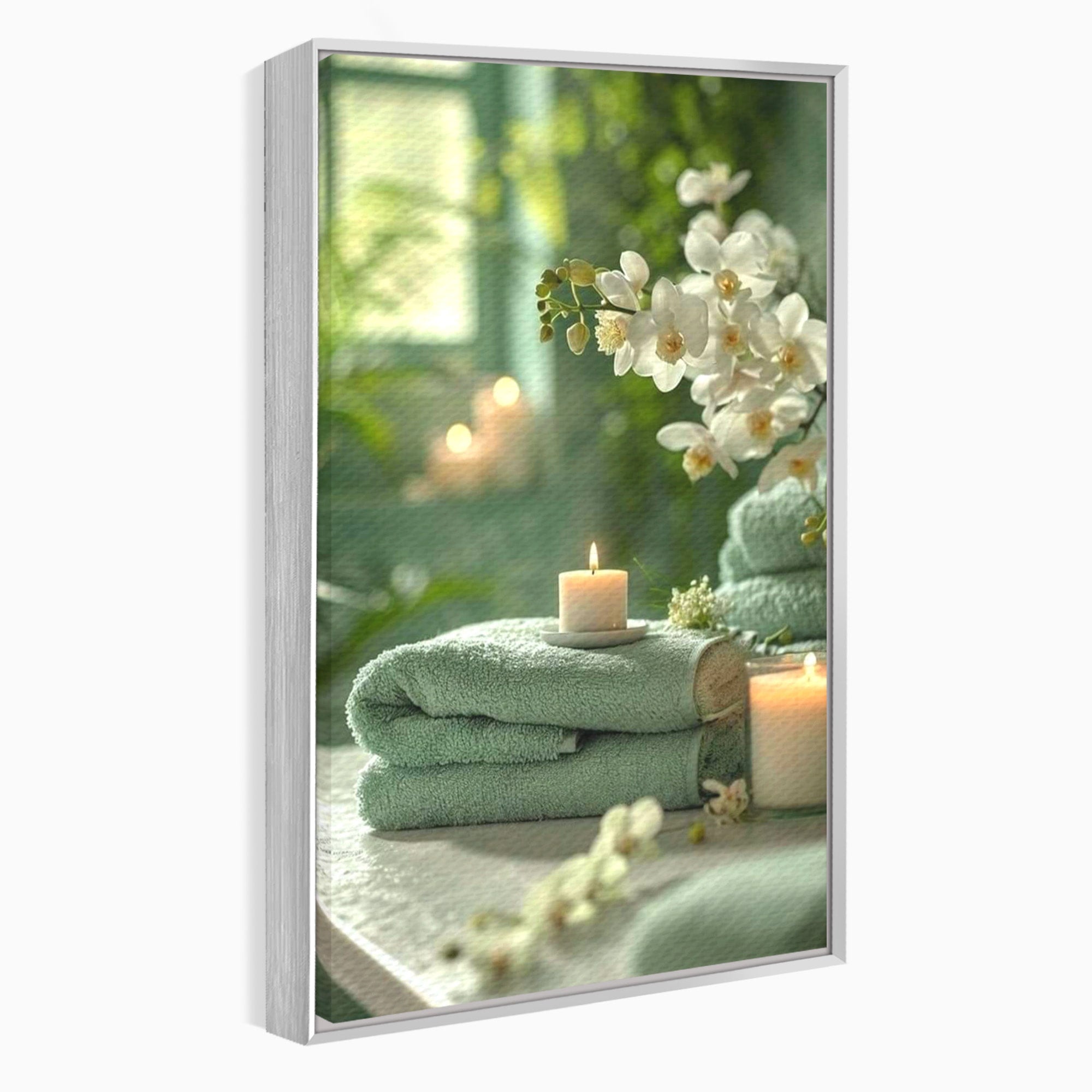 Tablou Canvas Premium LuxCanva® PI1314, Zen Si Flori Albe, Spa, Plante, Lumanare, Relaxare, Baie, Culori Vibrante, Salon
