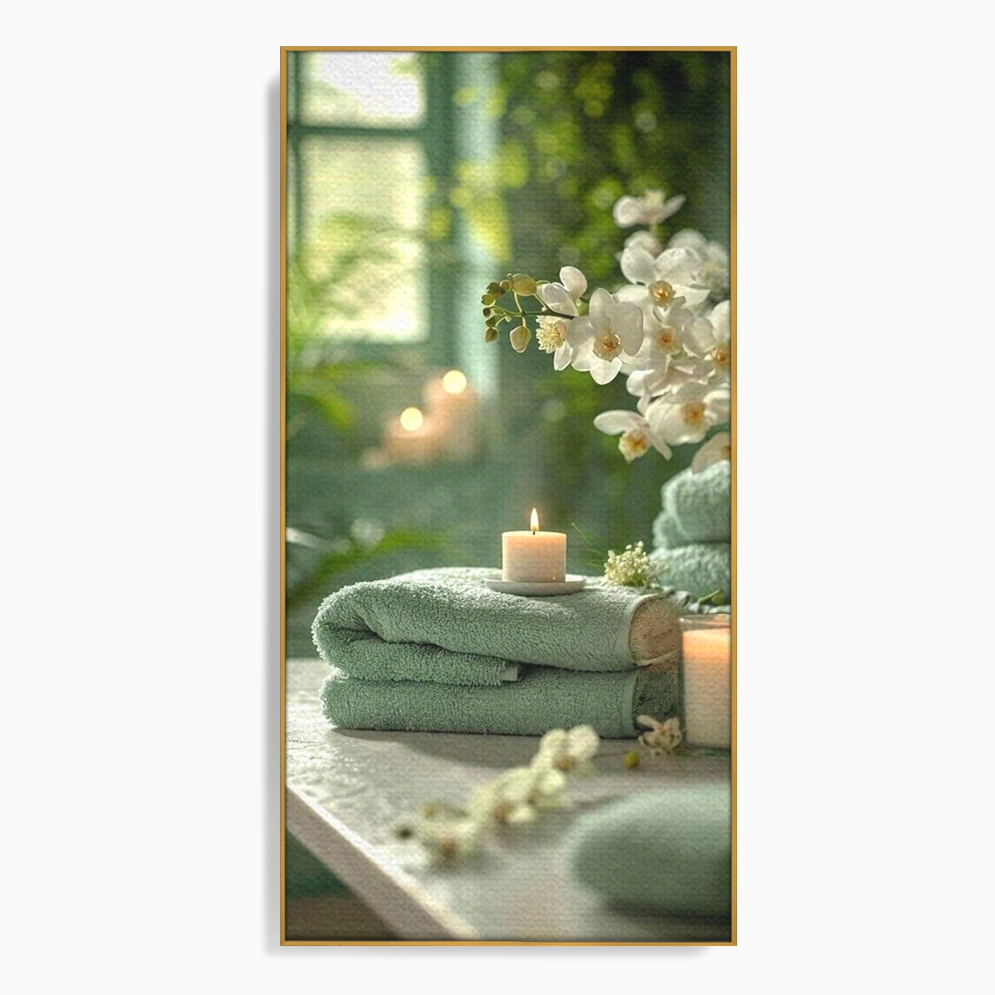 Tablou Canvas Premium LuxCanva® PI1314, Zen Si Flori Albe, Spa, Plante, Lumanare, Relaxare, Baie, Culori Vibrante, Salon
