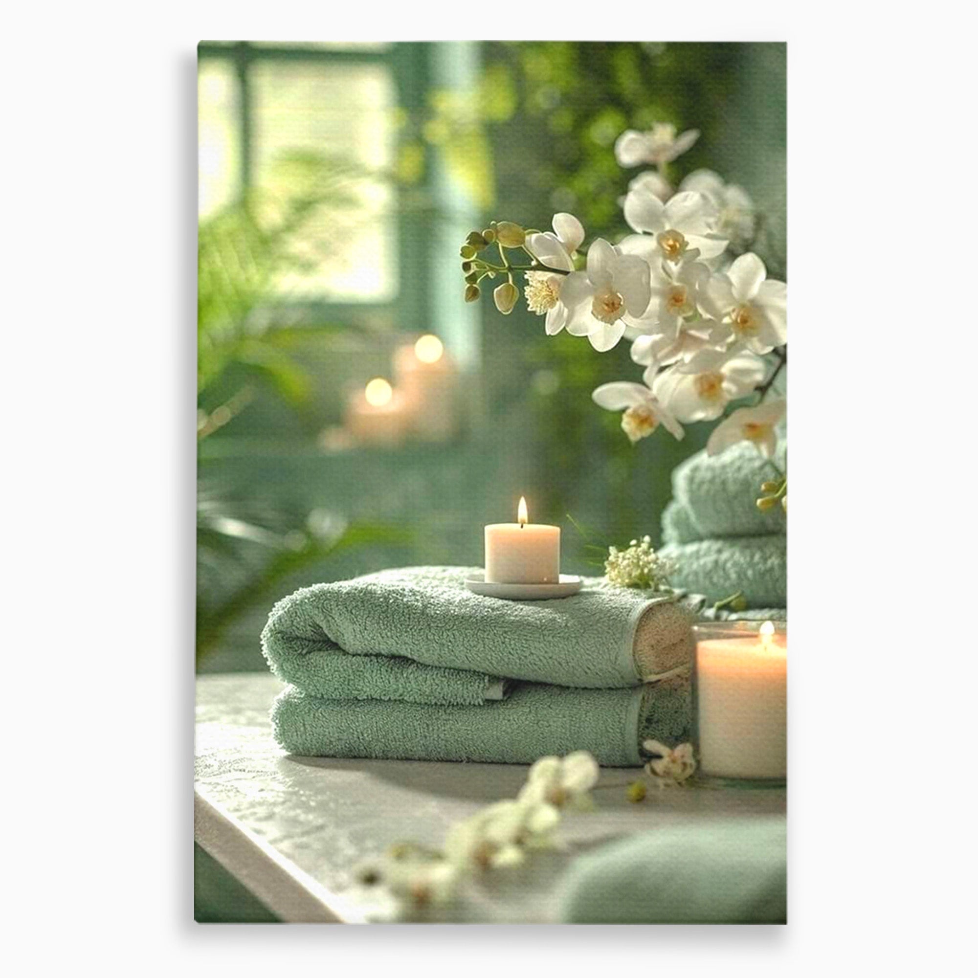 Tablou Canvas Premium LuxCanva® PI1314, Zen Si Flori Albe, Spa, Plante, Lumanare, Relaxare, Baie, Culori Vibrante, Salon
