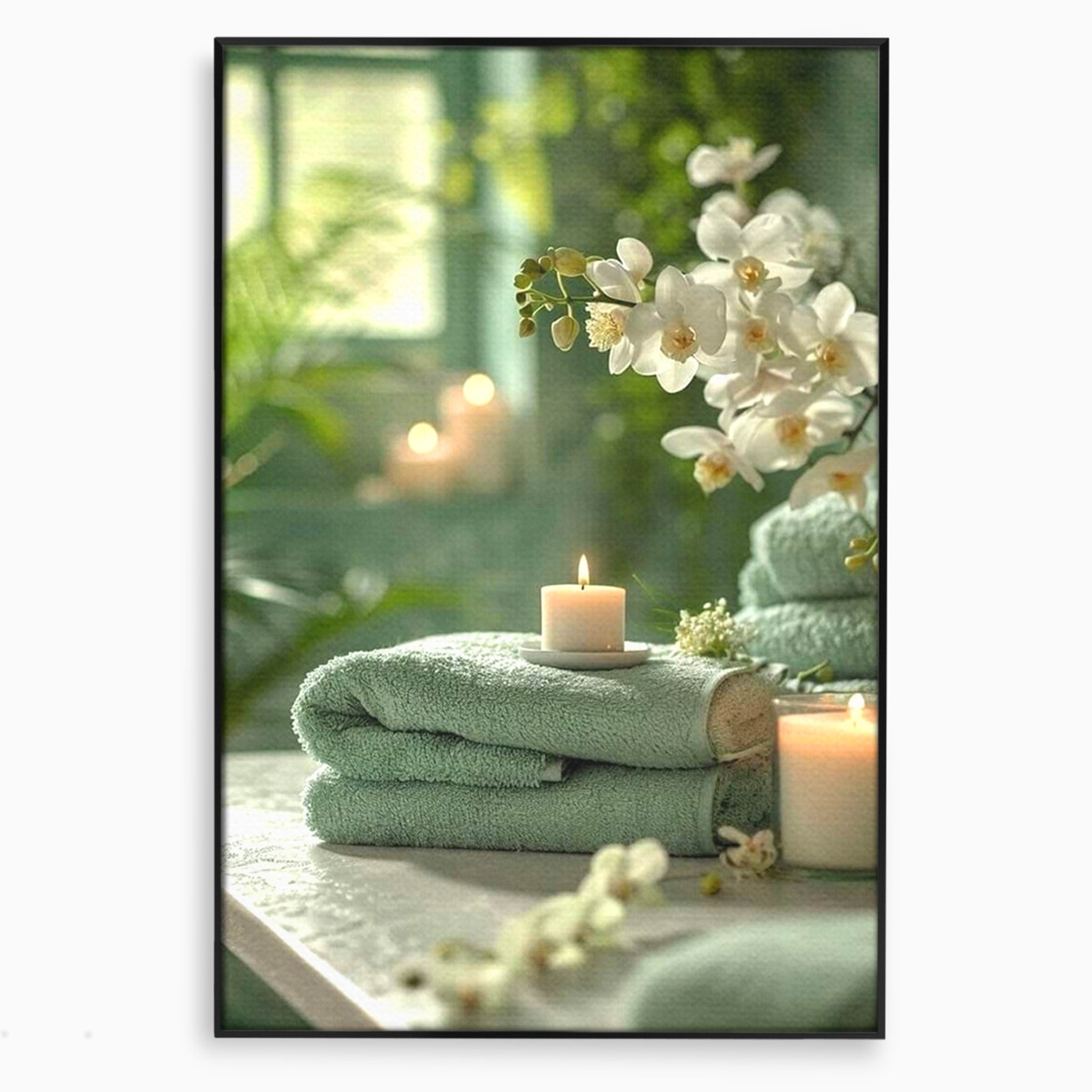Tablou Canvas Premium LuxCanva® PI1314, Zen Si Flori Albe, Spa, Plante, Lumanare, Relaxare, Baie, Culori Vibrante, Salon