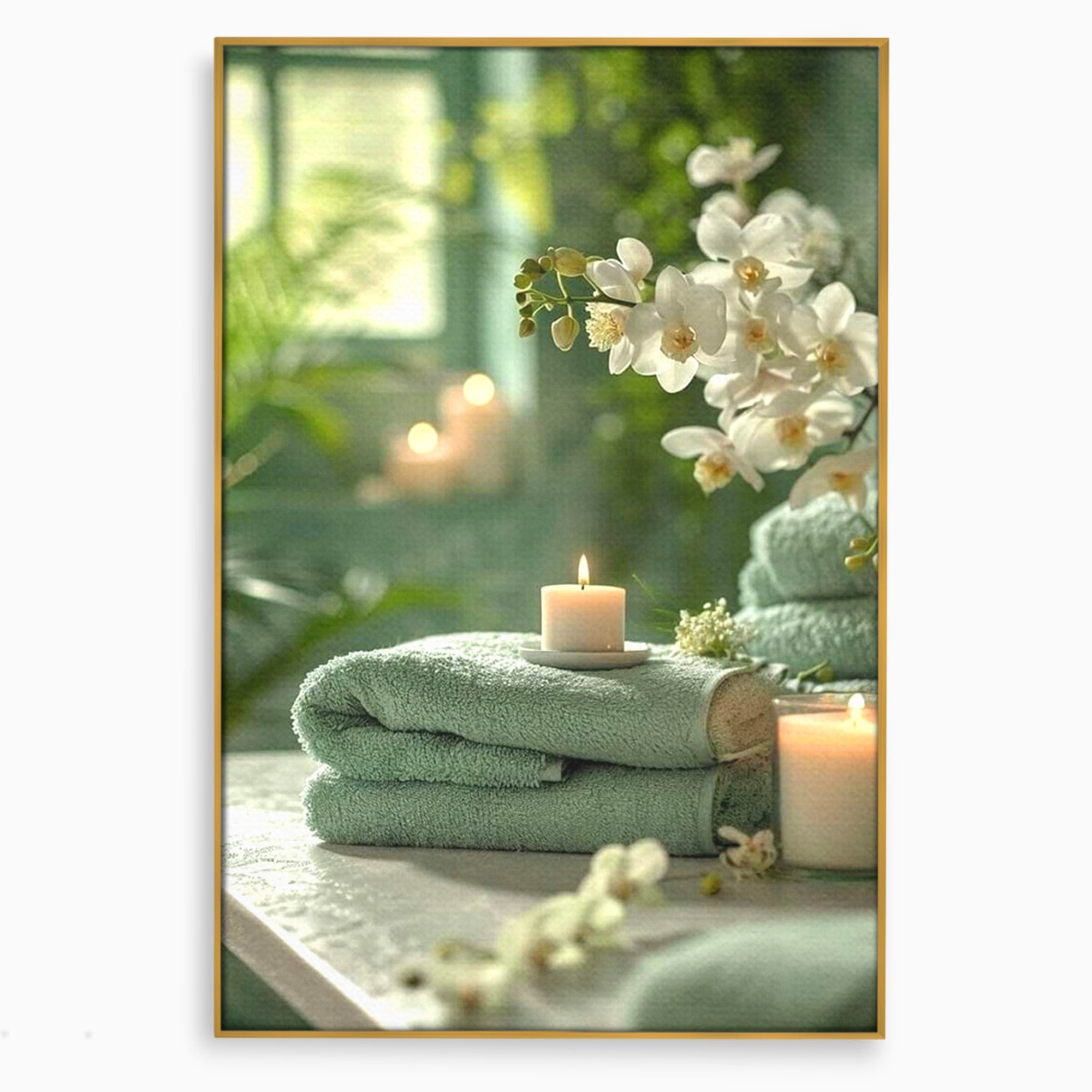 Tablou Canvas Premium LuxCanva® PI1314, Zen Si Flori Albe, Spa, Plante, Lumanare, Relaxare, Baie, Culori Vibrante, Salon