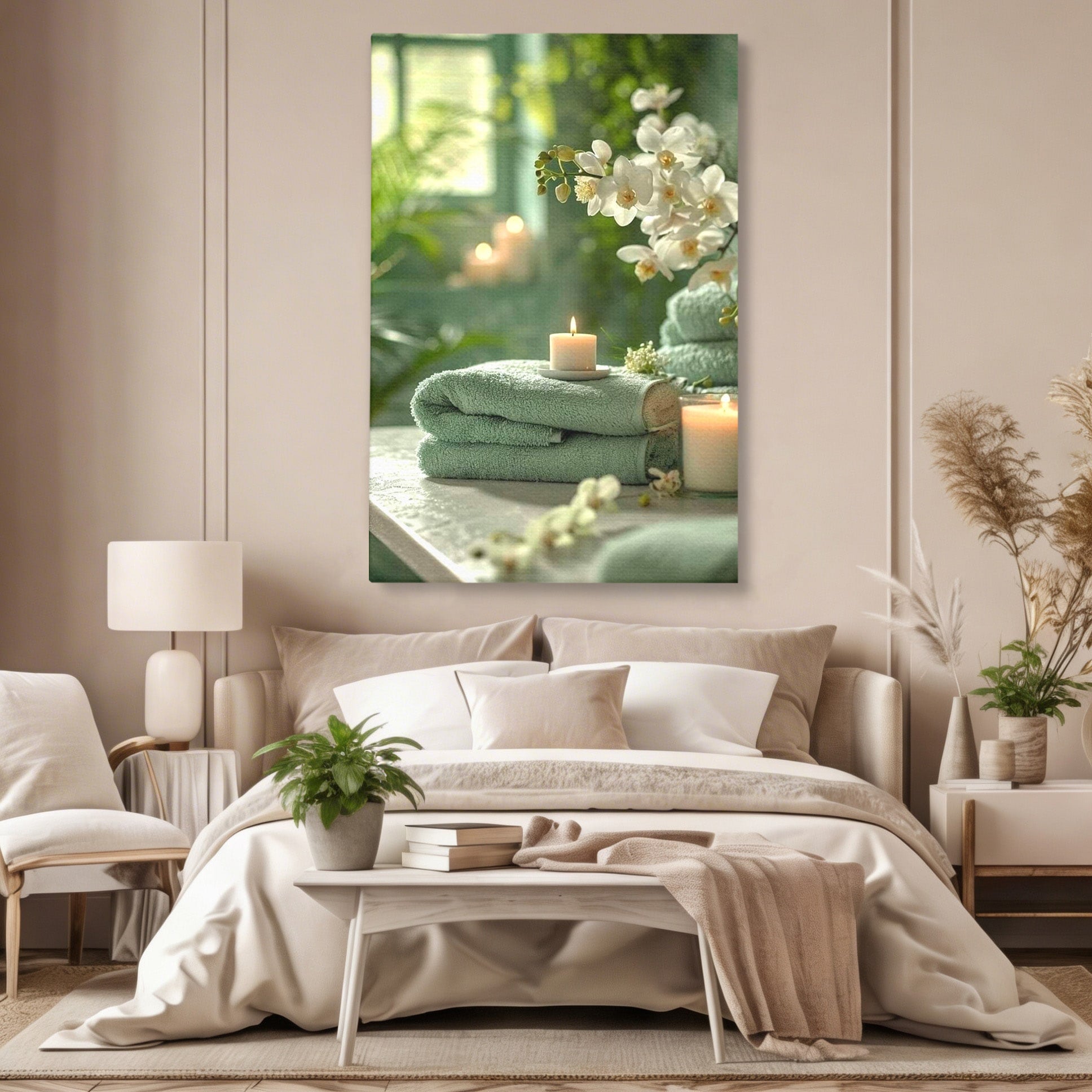 Tablou Canvas Premium LuxCanva® PI1314, Zen Si Flori Albe, Spa, Plante, Lumanare, Relaxare, Baie, Culori Vibrante, Salon