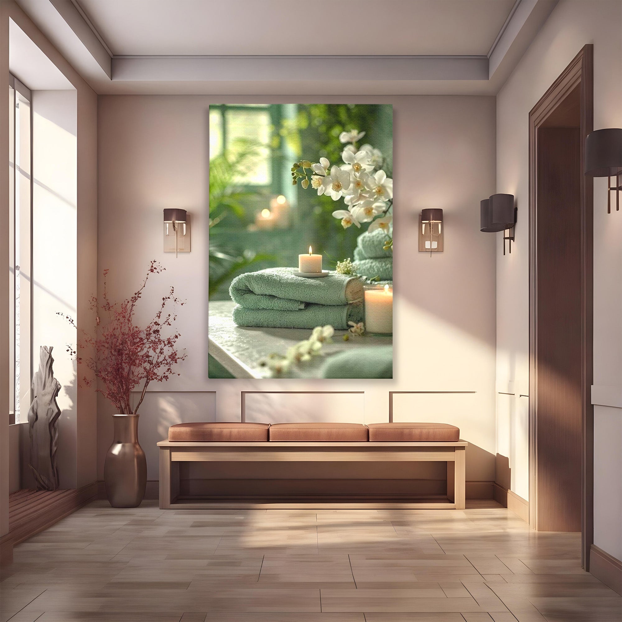 Tablou Canvas Premium LuxCanva® PI1314, Zen Si Flori Albe, Spa, Plante, Lumanare, Relaxare, Baie, Culori Vibrante, Salon