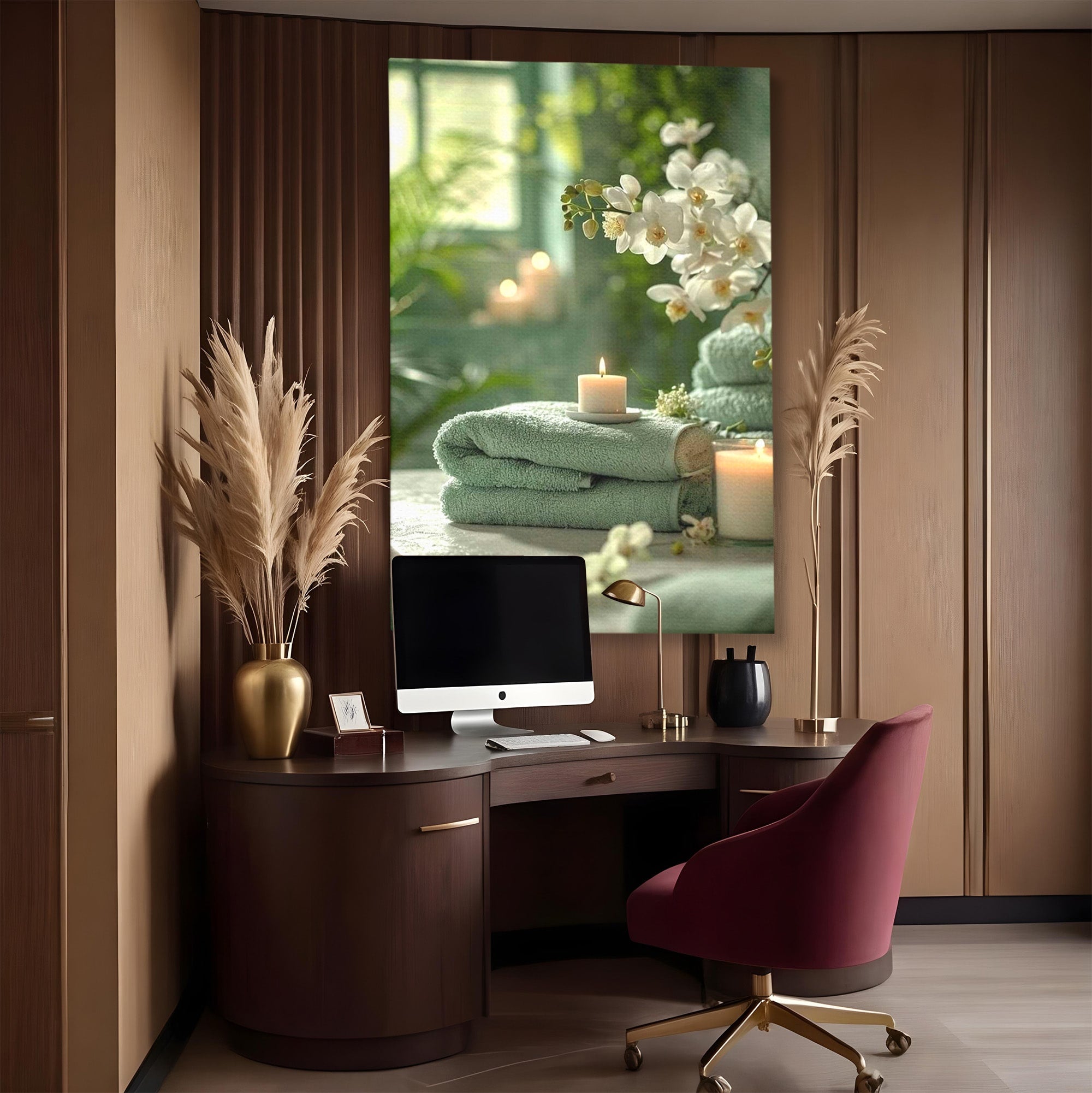 Tablou Canvas Premium LuxCanva® PI1314, Zen Si Flori Albe, Spa, Plante, Lumanare, Relaxare, Baie, Culori Vibrante, Salon