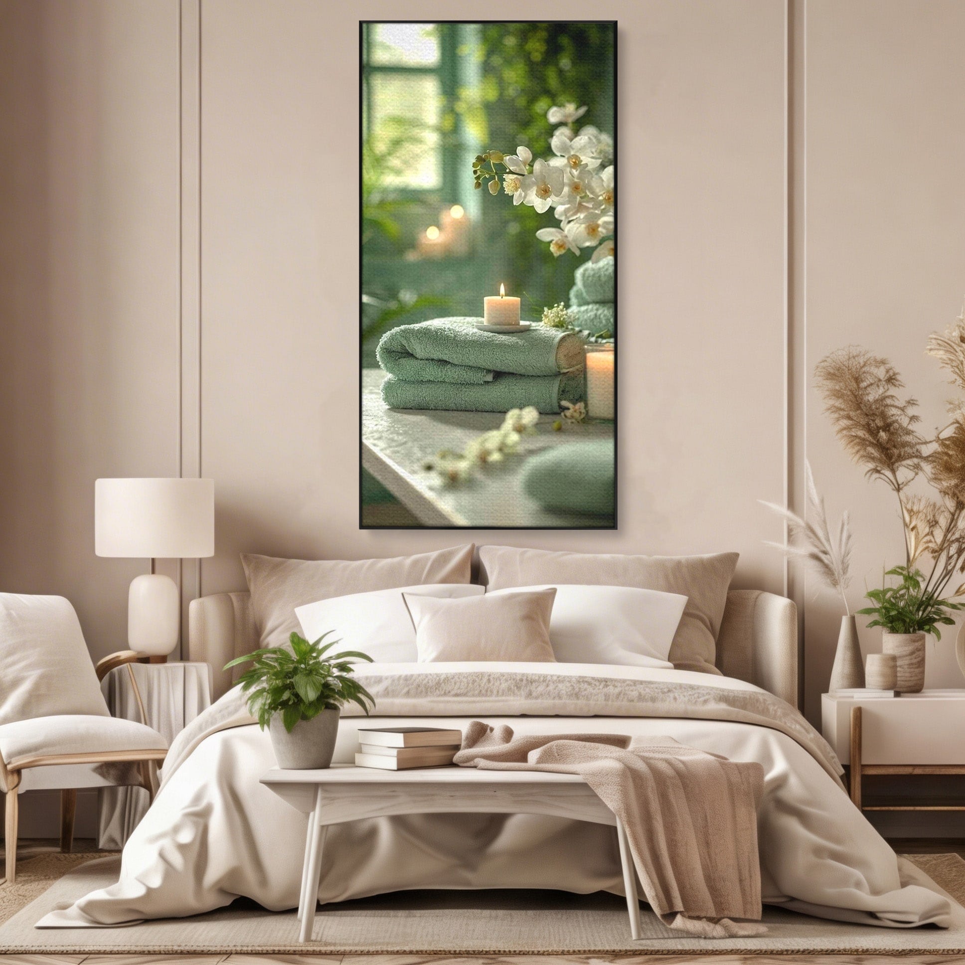 Tablou Canvas Premium LuxCanva® PI1314, Zen Si Flori Albe, Spa, Plante, Lumanare, Relaxare, Baie, Culori Vibrante, Salon