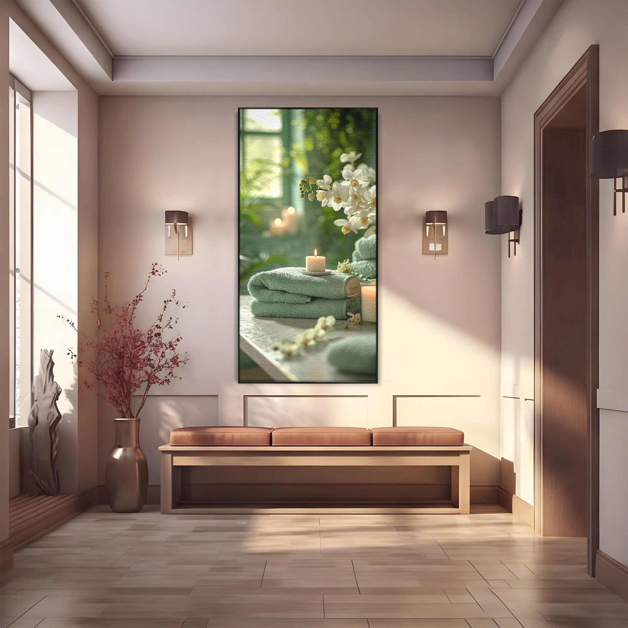 Tablou Canvas Premium LuxCanva® PI1314, Zen Si Flori Albe, Spa, Plante, Lumanare, Relaxare, Baie, Culori Vibrante, Salon
