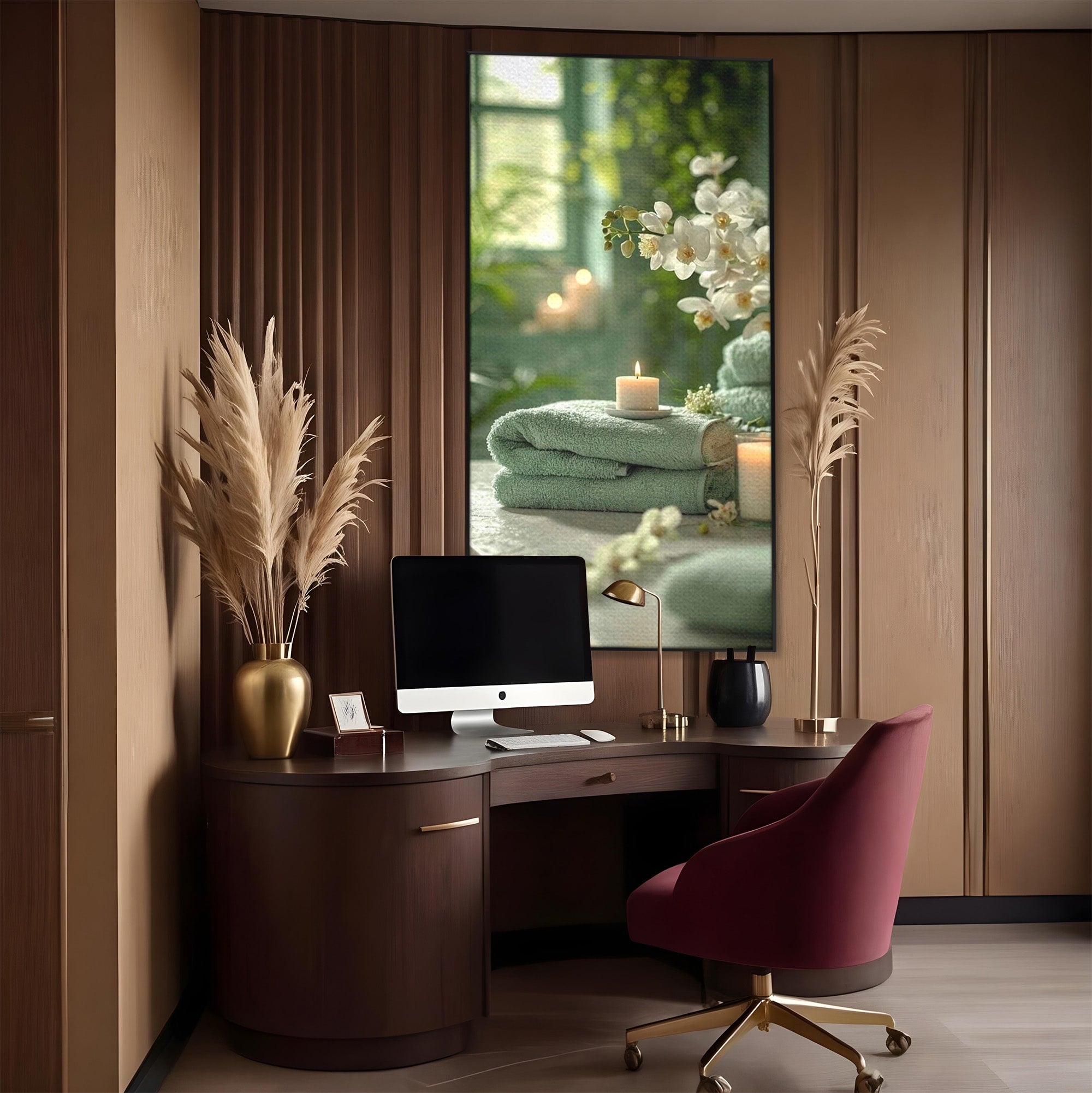 Tablou Canvas Premium LuxCanva® PI1314, Zen Si Flori Albe, Spa, Plante, Lumanare, Relaxare, Baie, Culori Vibrante, Salon