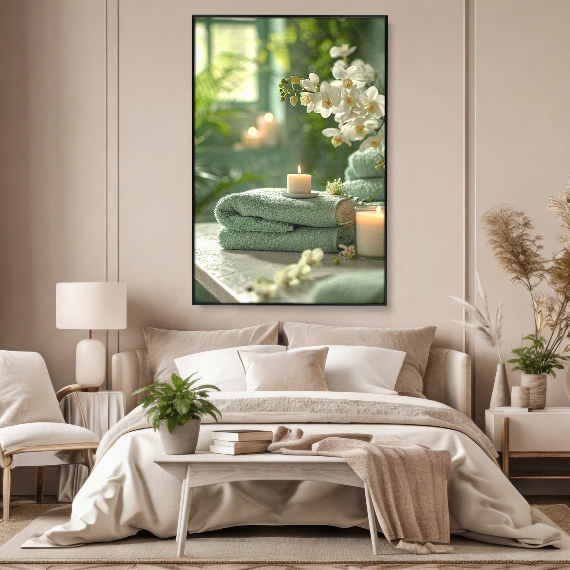 Tablou Canvas Premium LuxCanva® PI1314, Zen Si Flori Albe, Spa, Plante, Lumanare, Relaxare, Baie, Culori Vibrante, Salon