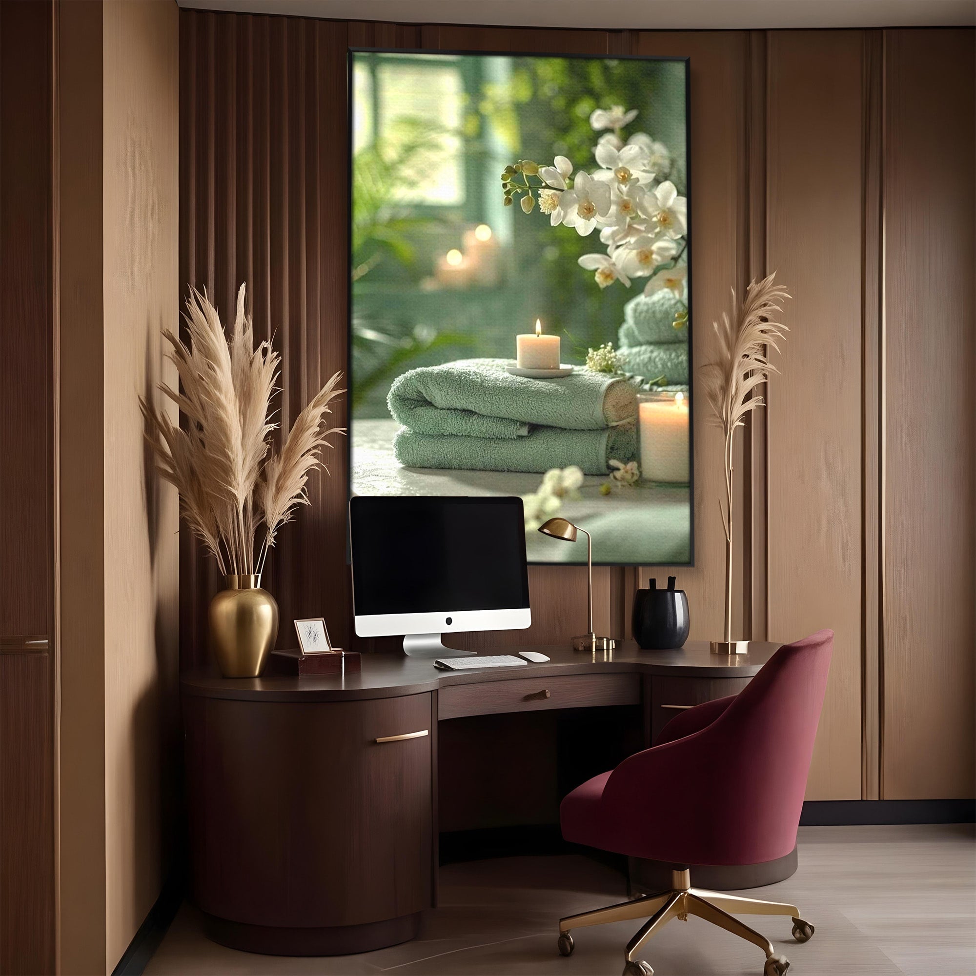 Tablou Canvas Premium LuxCanva® PI1314, Zen Si Flori Albe, Spa, Plante, Lumanare, Relaxare, Baie, Culori Vibrante, Salon