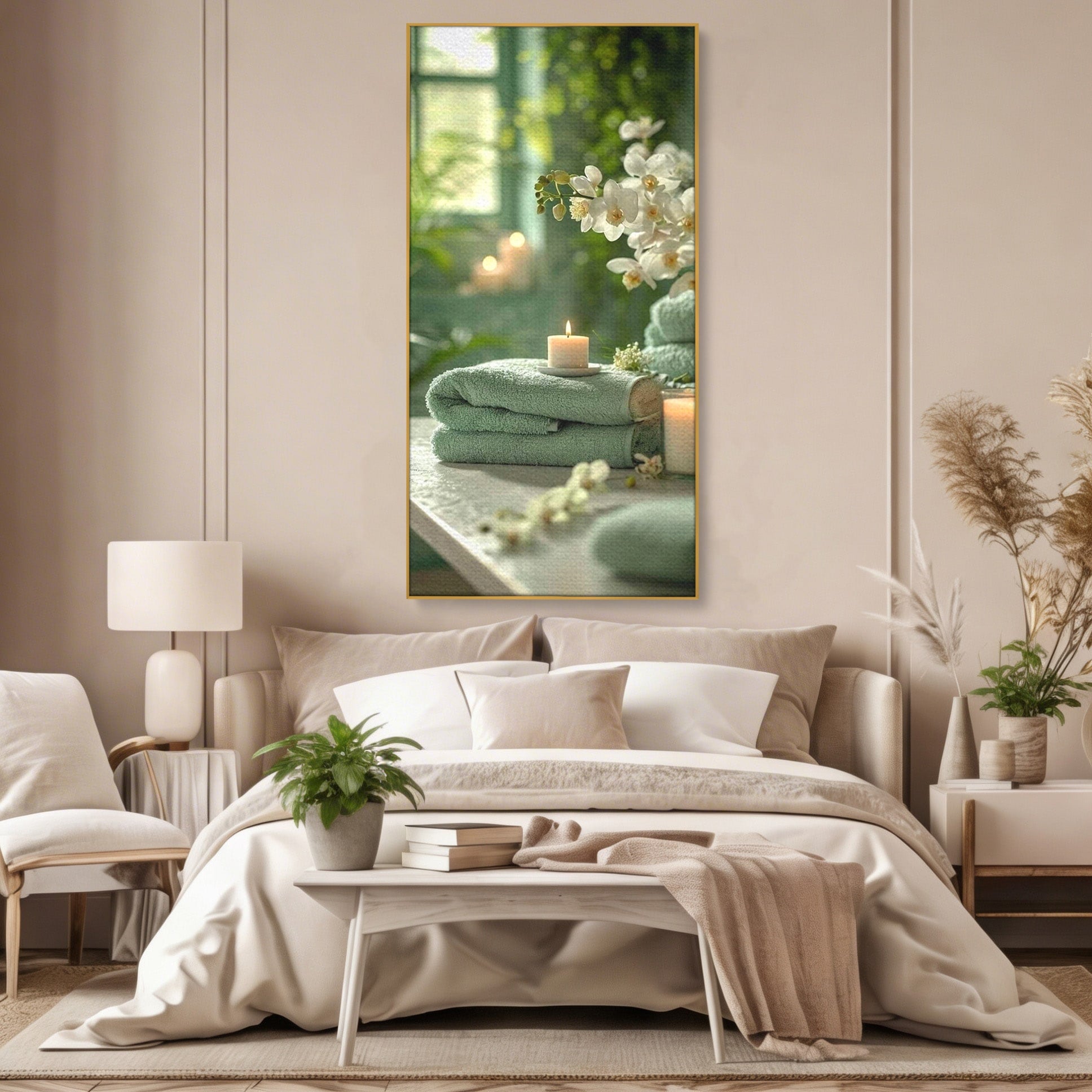 Tablou Canvas Premium LuxCanva® PI1314, Zen Si Flori Albe, Spa, Plante, Lumanare, Relaxare, Baie, Culori Vibrante, Salon