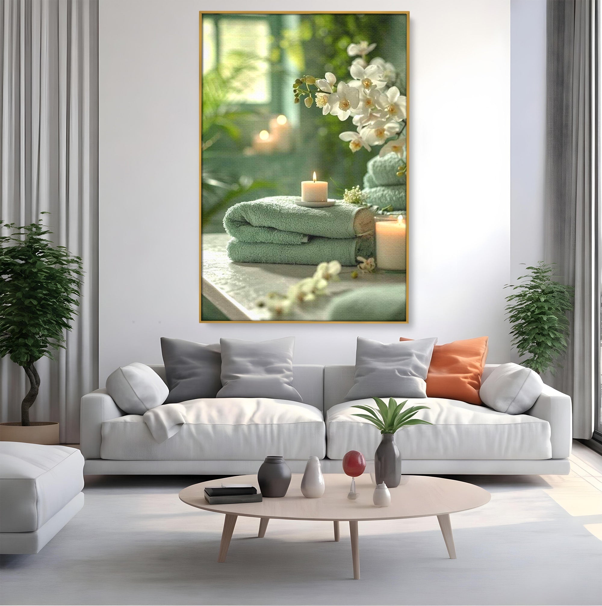 Tablou Canvas Premium LuxCanva® PI1314, Zen Si Flori Albe, Spa, Plante, Lumanare, Relaxare, Baie, Culori Vibrante, Salon
