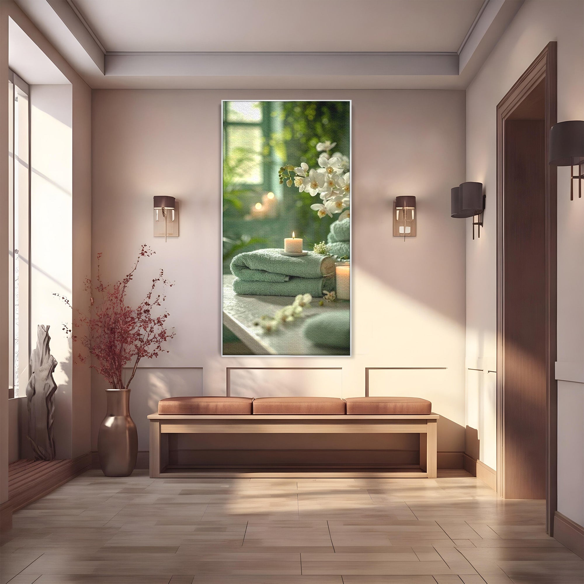 Tablou Canvas Premium LuxCanva® PI1314, Zen Si Flori Albe, Spa, Plante, Lumanare, Relaxare, Baie, Culori Vibrante, Salon