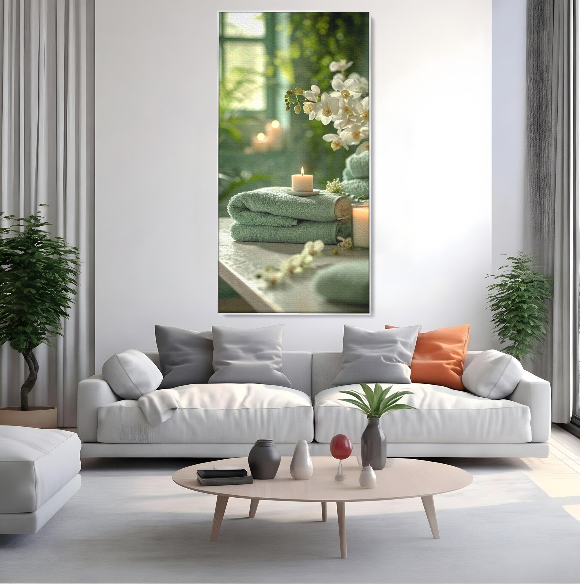Tablou Canvas Premium LuxCanva® PI1314, Zen Si Flori Albe, Spa, Plante, Lumanare, Relaxare, Baie, Culori Vibrante, Salon