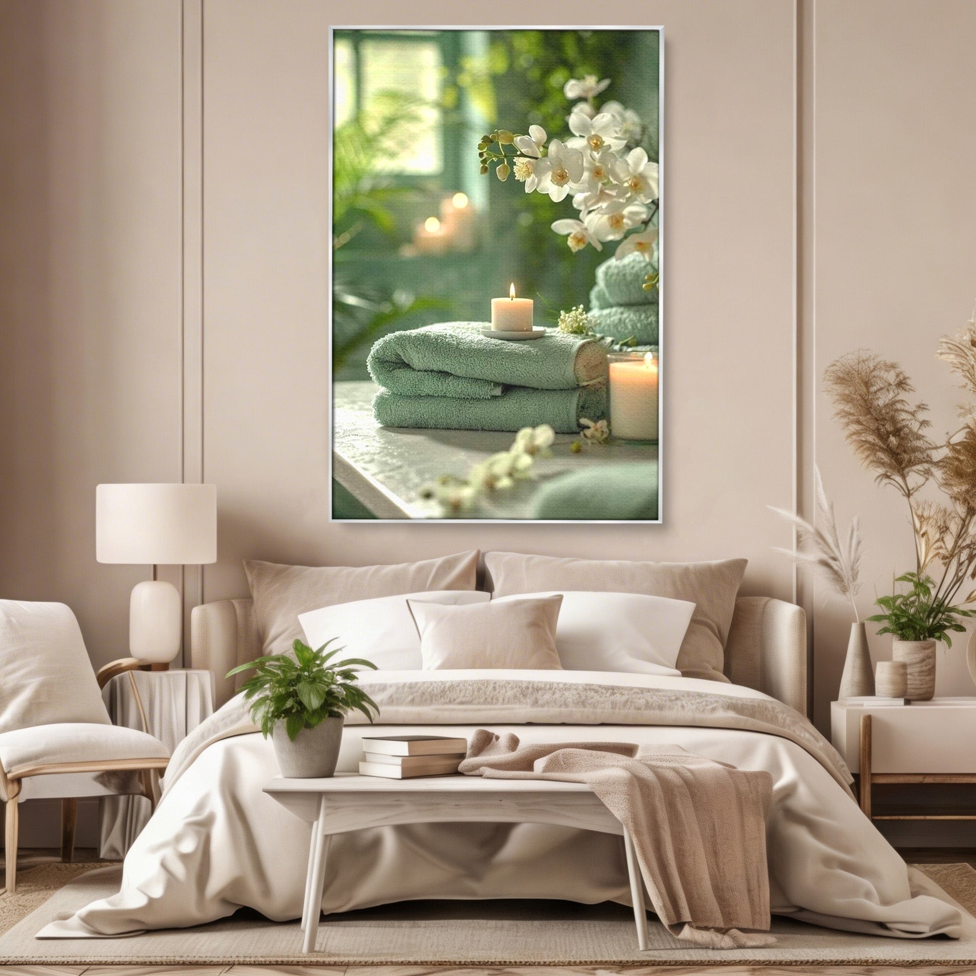 Tablou Canvas Premium LuxCanva® PI1314, Zen Si Flori Albe, Spa, Plante, Lumanare, Relaxare, Baie, Culori Vibrante, Salon