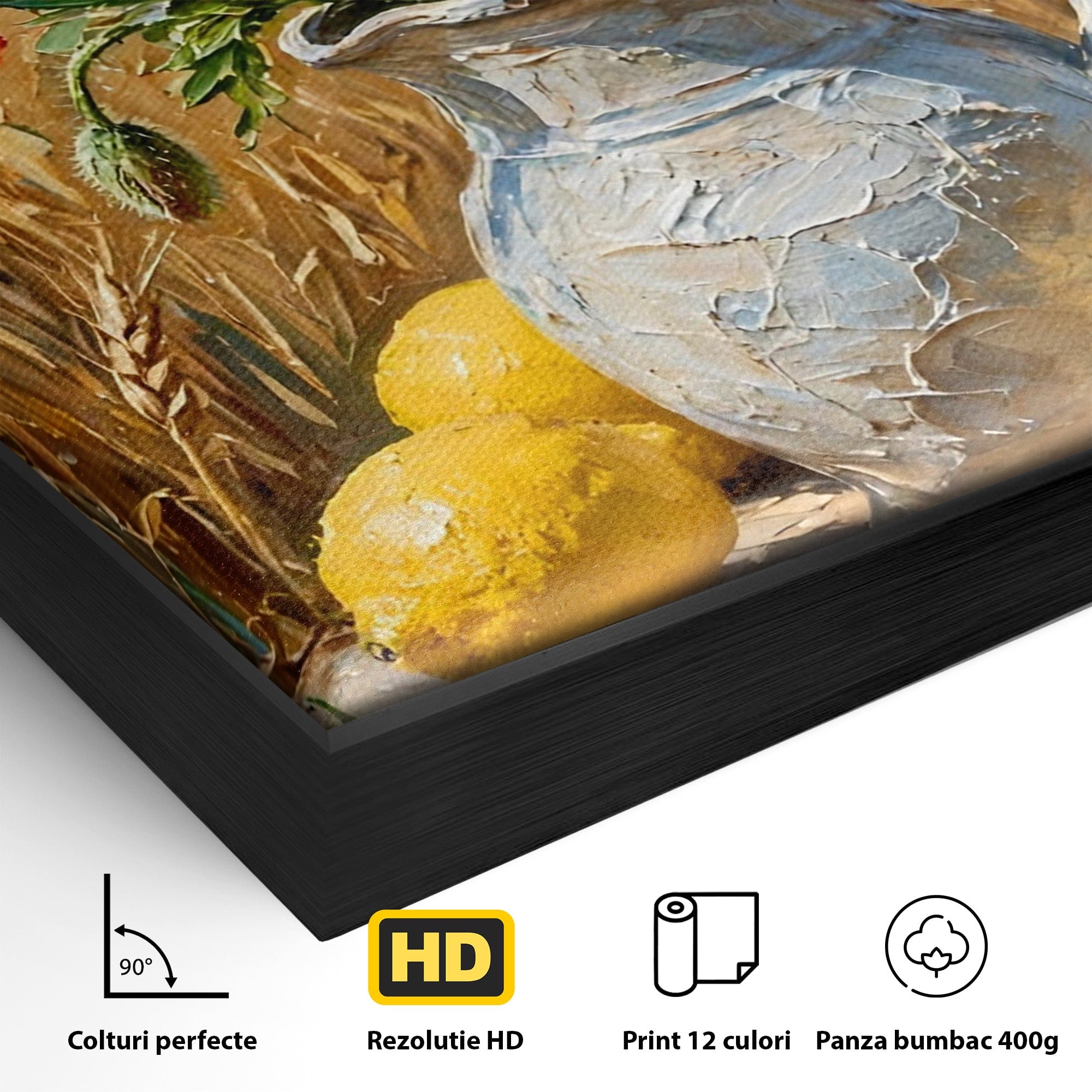 Tablou Canvas Premium LuxCanva® PI1316, Vaza Cu Maci Si Lamai, Maci, Citrice, Grau, Camp, Natura, Culori Vibrante, Living, Bucatarie