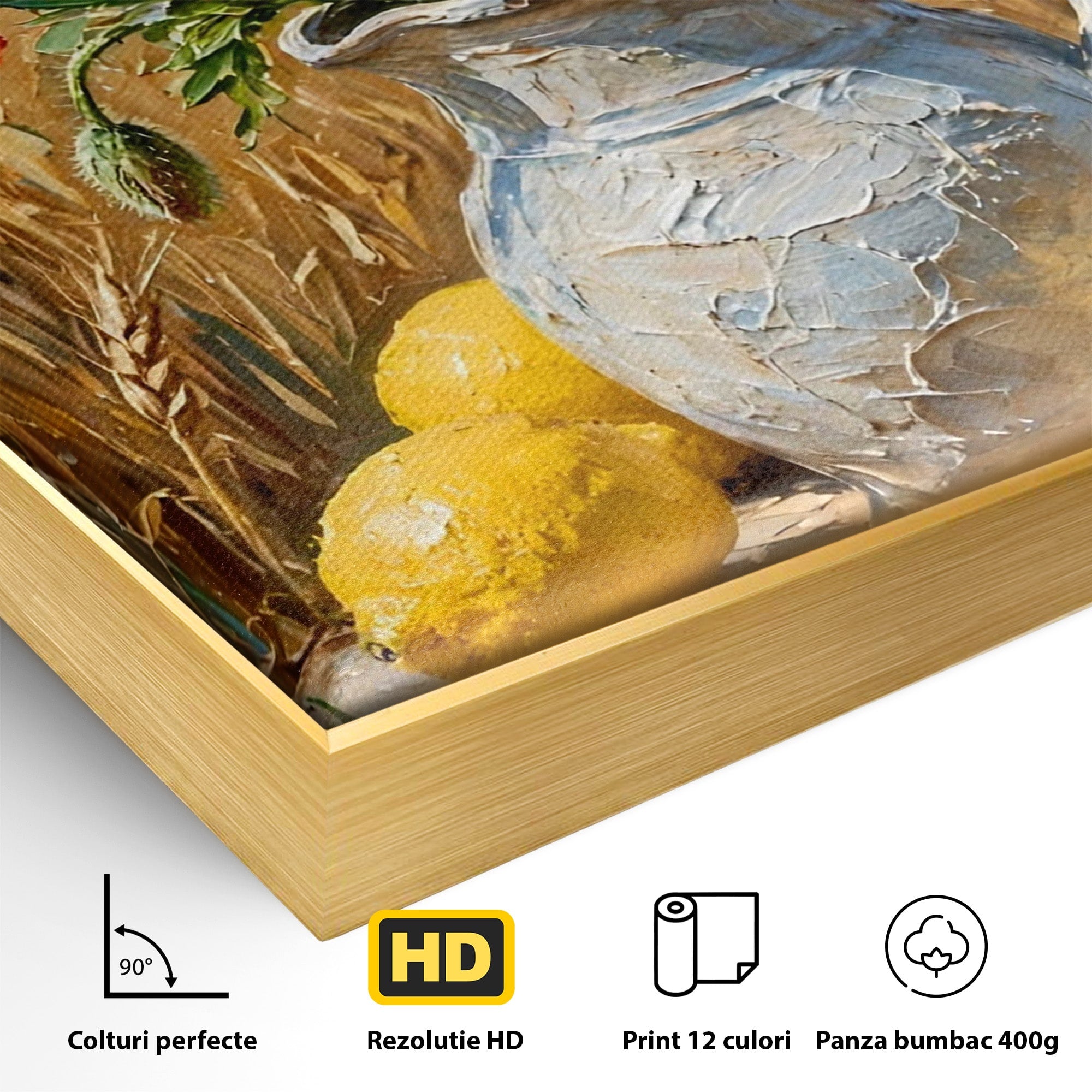 Tablou Canvas Premium LuxCanva® PI1316, Vaza Cu Maci Si Lamai, Maci, Citrice, Grau, Camp, Natura, Culori Vibrante, Living, Bucatarie