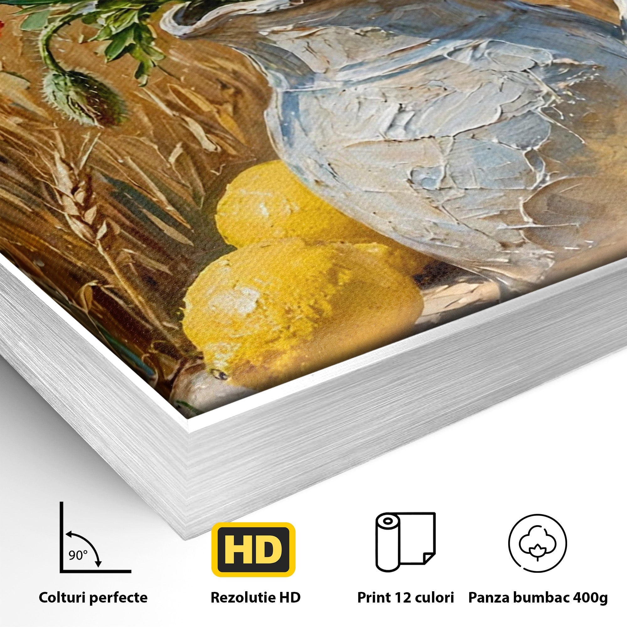 Tablou Canvas Premium LuxCanva® PI1316, Vaza Cu Maci Si Lamai, Maci, Citrice, Grau, Camp, Natura, Culori Vibrante, Living, Bucatarie