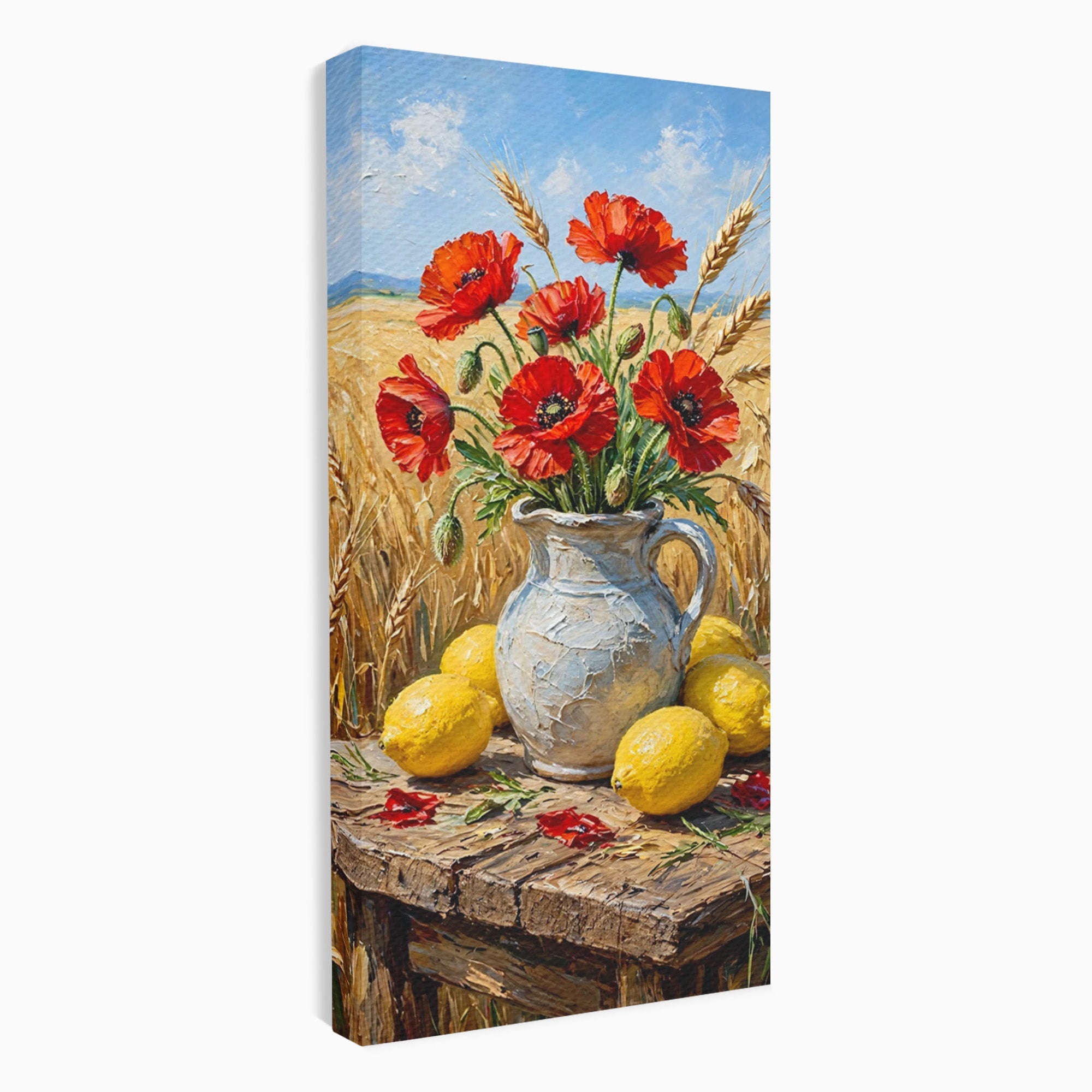 Tablou Canvas Premium LuxCanva® PI1316, Vaza Cu Maci Si Lamai, Maci, Citrice, Grau, Camp, Natura, Culori Vibrante, Living, Bucatarie