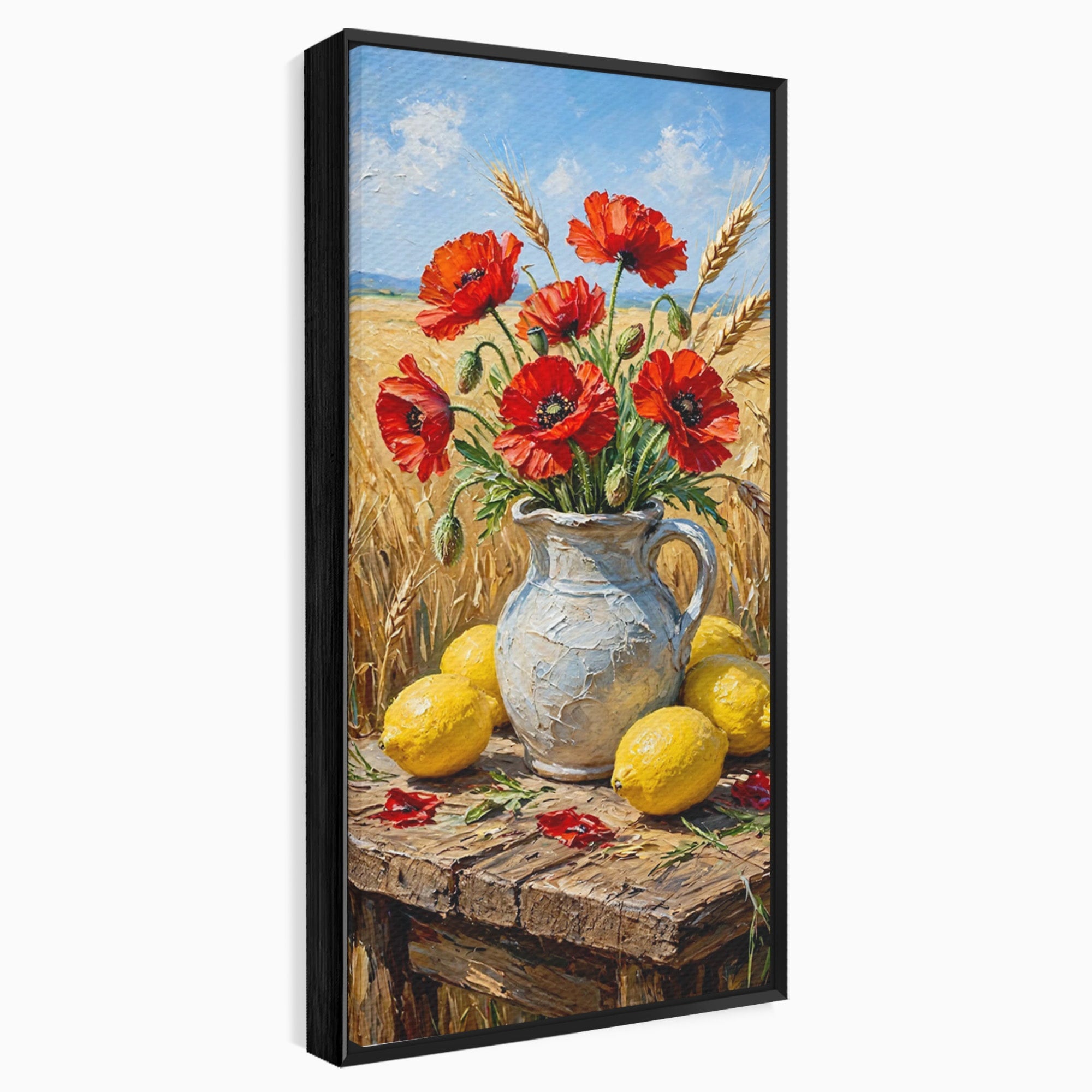 Tablou Canvas Premium LuxCanva® PI1316, Vaza Cu Maci Si Lamai, Maci, Citrice, Grau, Camp, Natura, Culori Vibrante, Living, Bucatarie