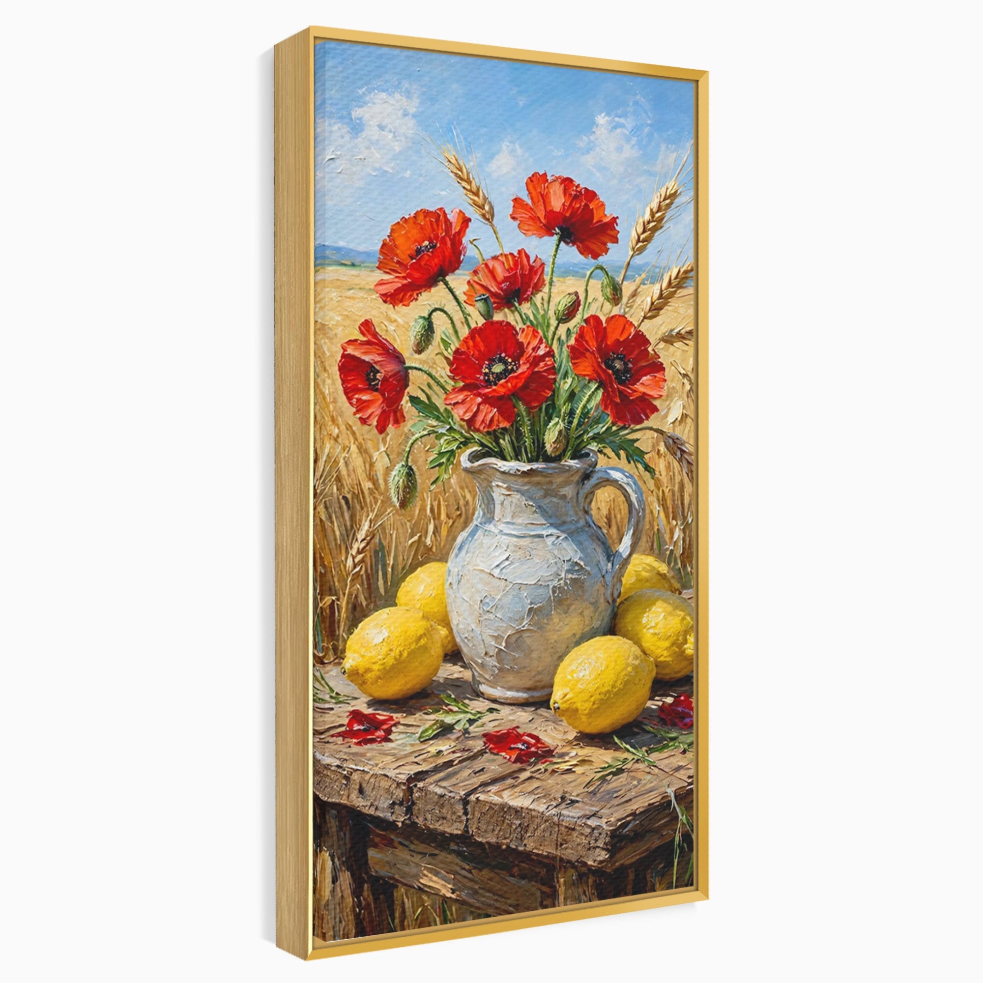 Tablou Canvas Premium LuxCanva® PI1316, Vaza Cu Maci Si Lamai, Maci, Citrice, Grau, Camp, Natura, Culori Vibrante, Living, Bucatarie