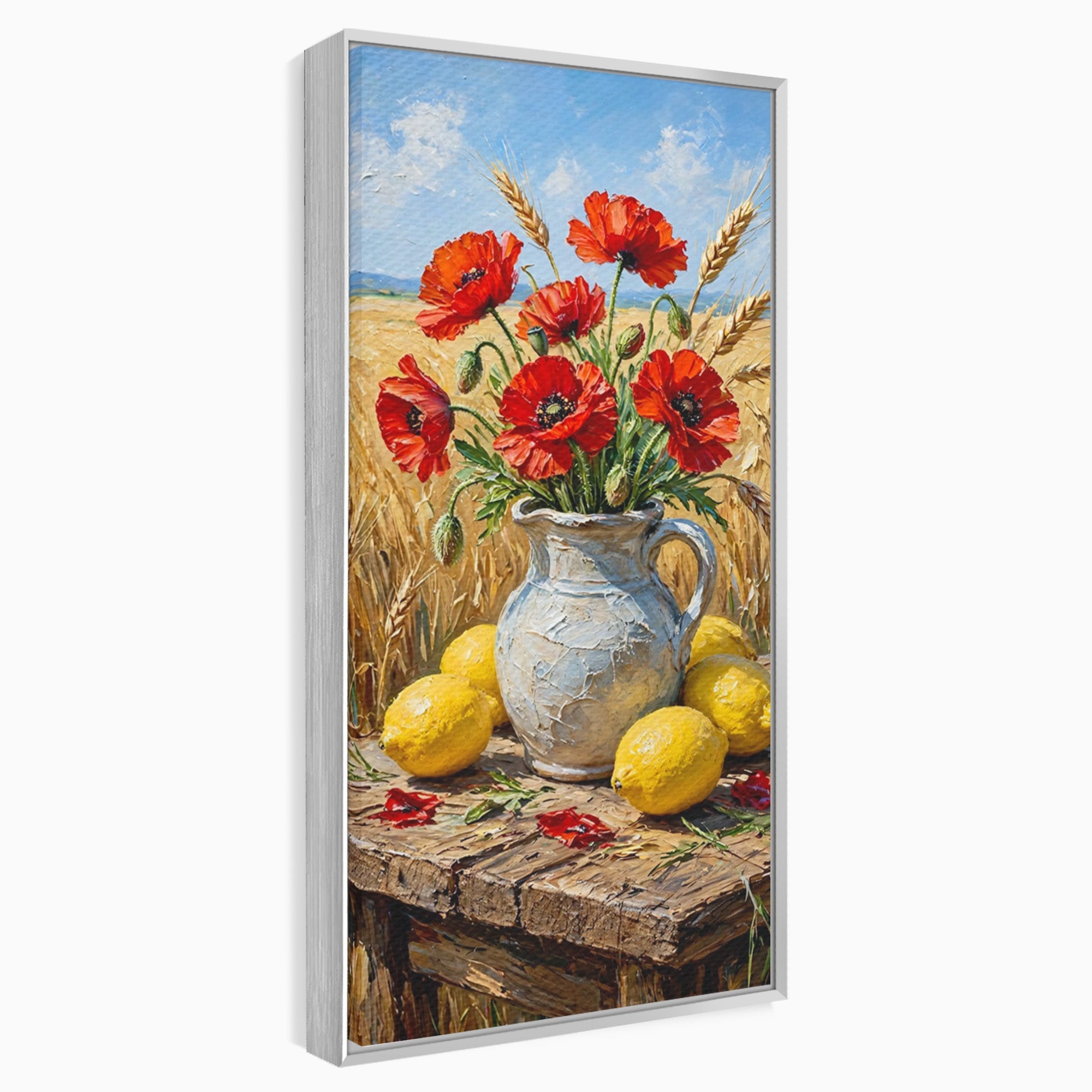 Tablou Canvas Premium LuxCanva® PI1316, Vaza Cu Maci Si Lamai, Maci, Citrice, Grau, Camp, Natura, Culori Vibrante, Living, Bucatarie