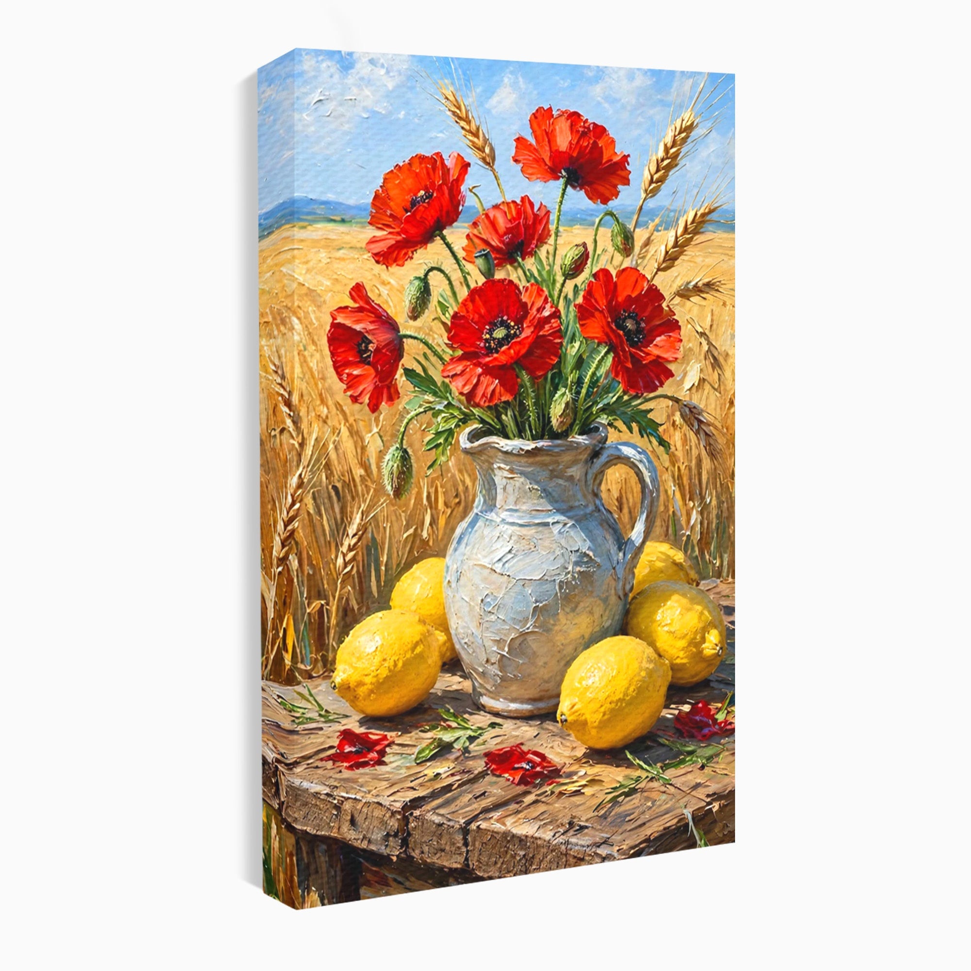 Tablou Canvas Premium LuxCanva® PI1316, Vaza Cu Maci Si Lamai, Maci, Citrice, Grau, Camp, Natura, Culori Vibrante, Living, Bucatarie
