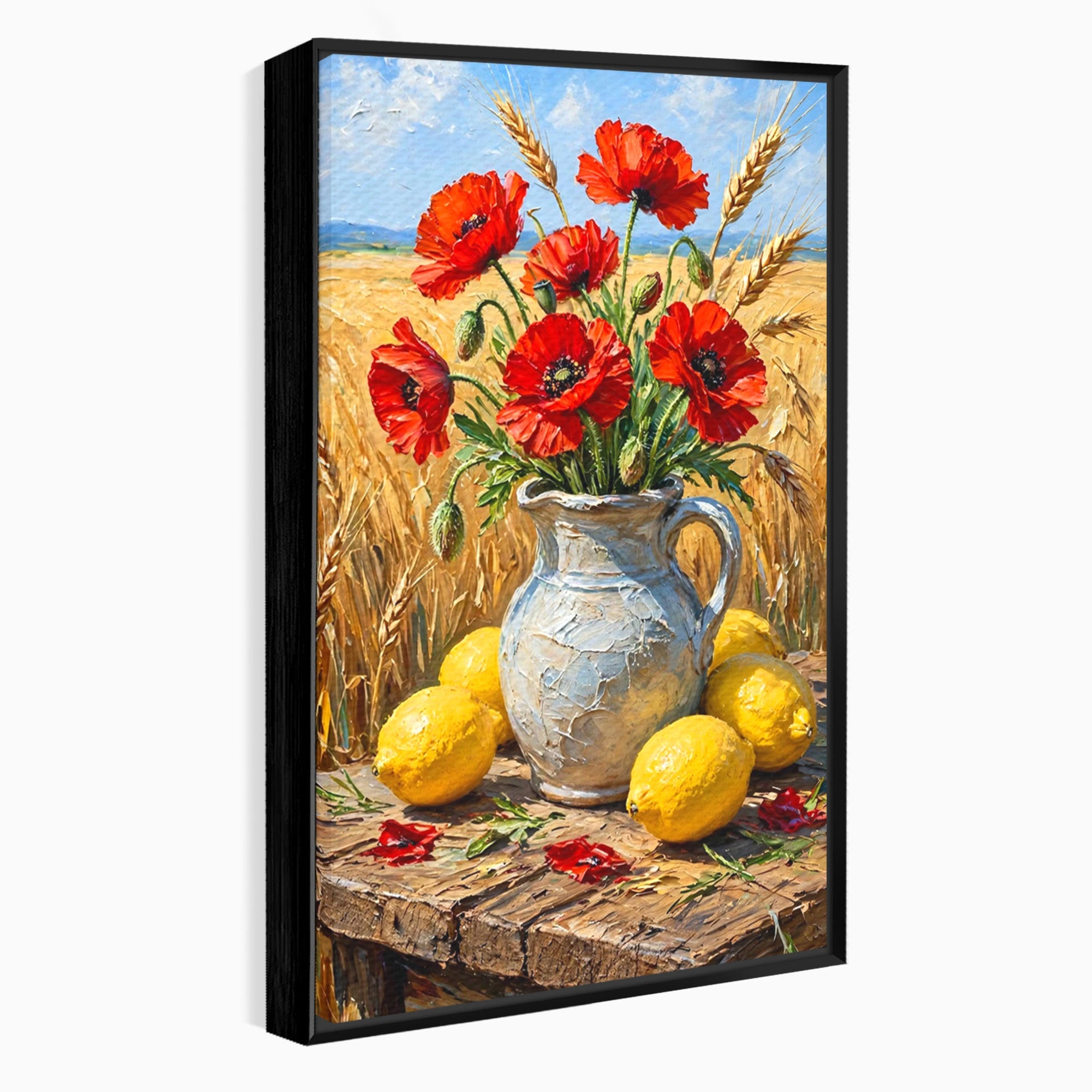 Tablou Canvas Premium LuxCanva® PI1316, Vaza Cu Maci Si Lamai, Maci, Citrice, Grau, Camp, Natura, Culori Vibrante, Living, Bucatarie