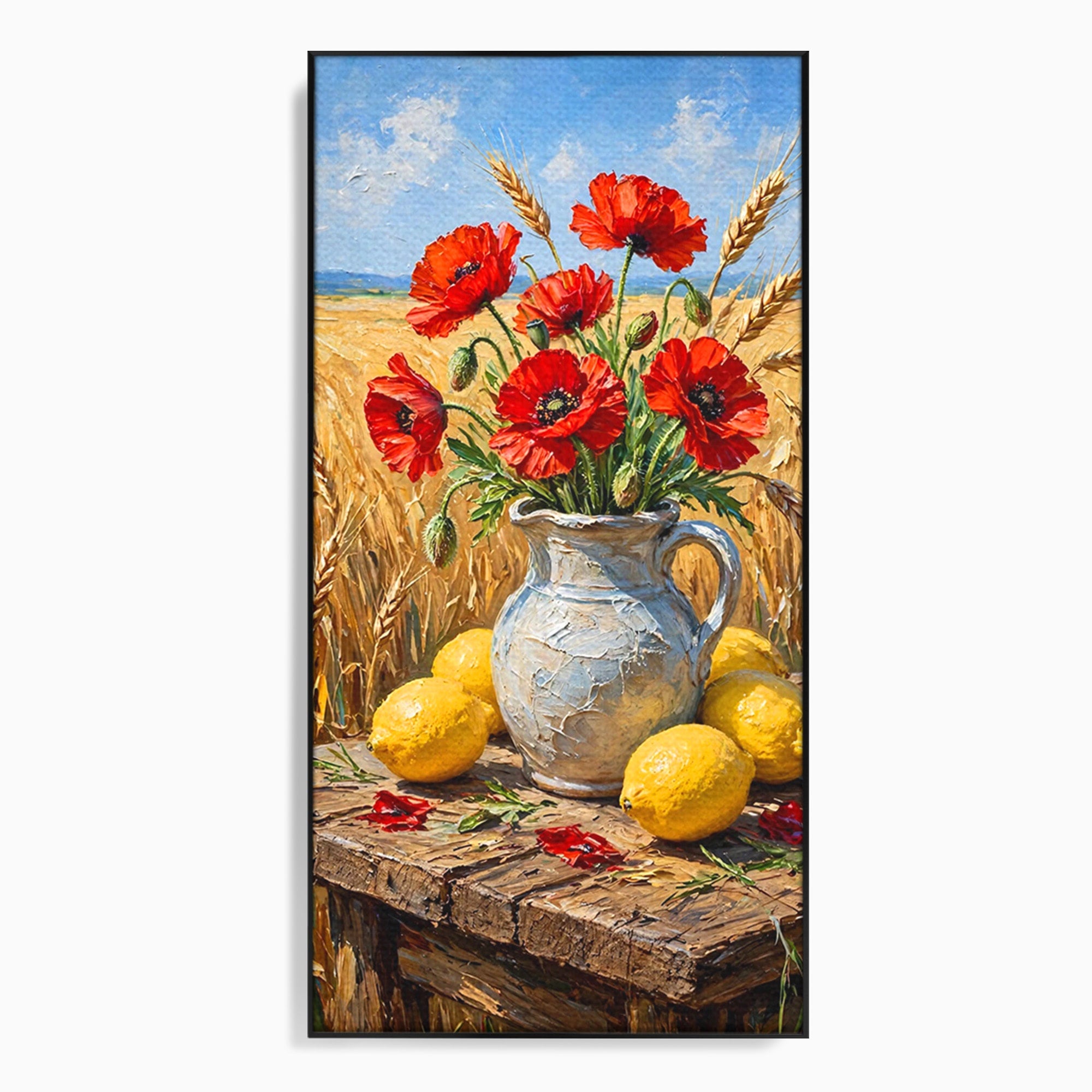 Tablou Canvas Premium LuxCanva® PI1316, Vaza Cu Maci Si Lamai, Maci, Citrice, Grau, Camp, Natura, Culori Vibrante, Living, Bucatarie