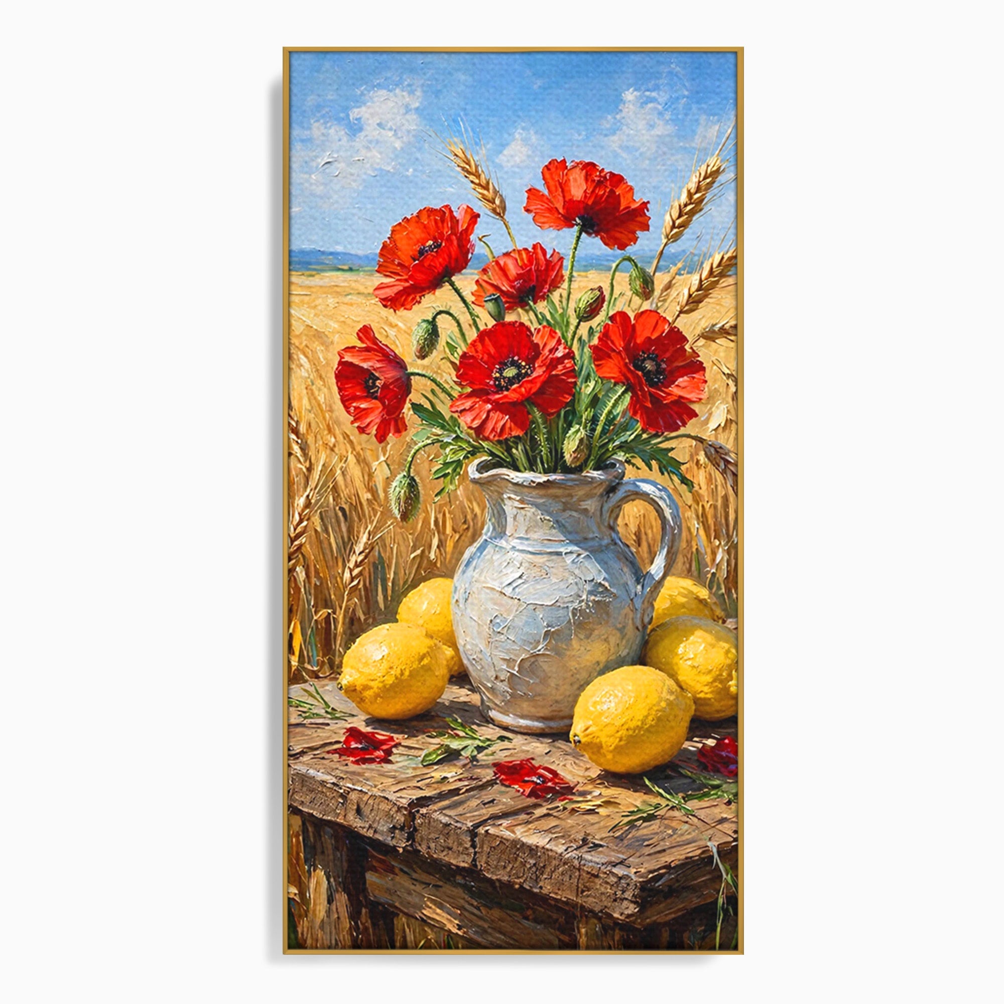 Tablou Canvas Premium LuxCanva® PI1316, Vaza Cu Maci Si Lamai, Maci, Citrice, Grau, Camp, Natura, Culori Vibrante, Living, Bucatarie